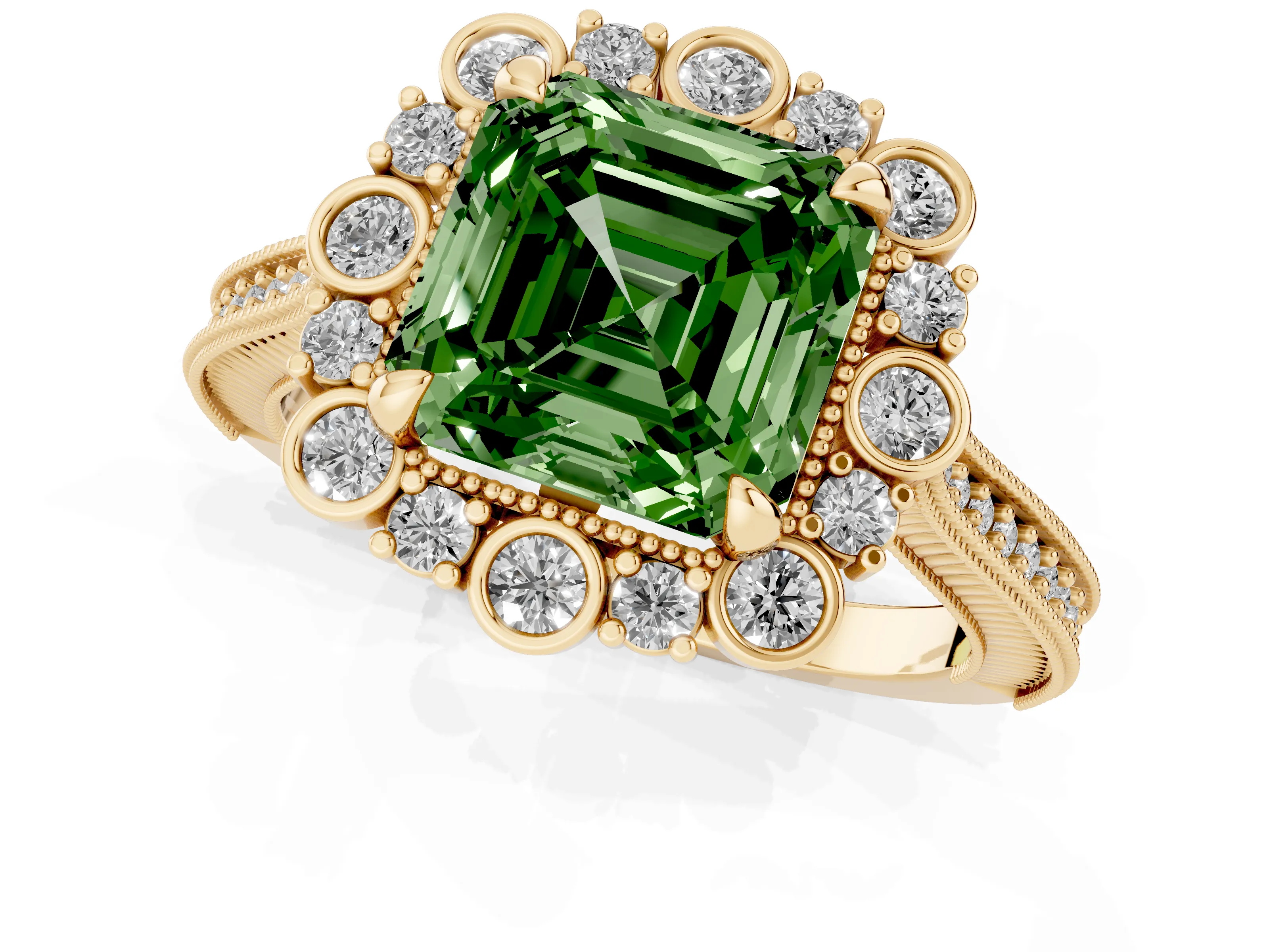 Fancy Green Asscher Cut Diamond Halo Milgrain Pavé Ring Set in Yellow gold with Prong Setting