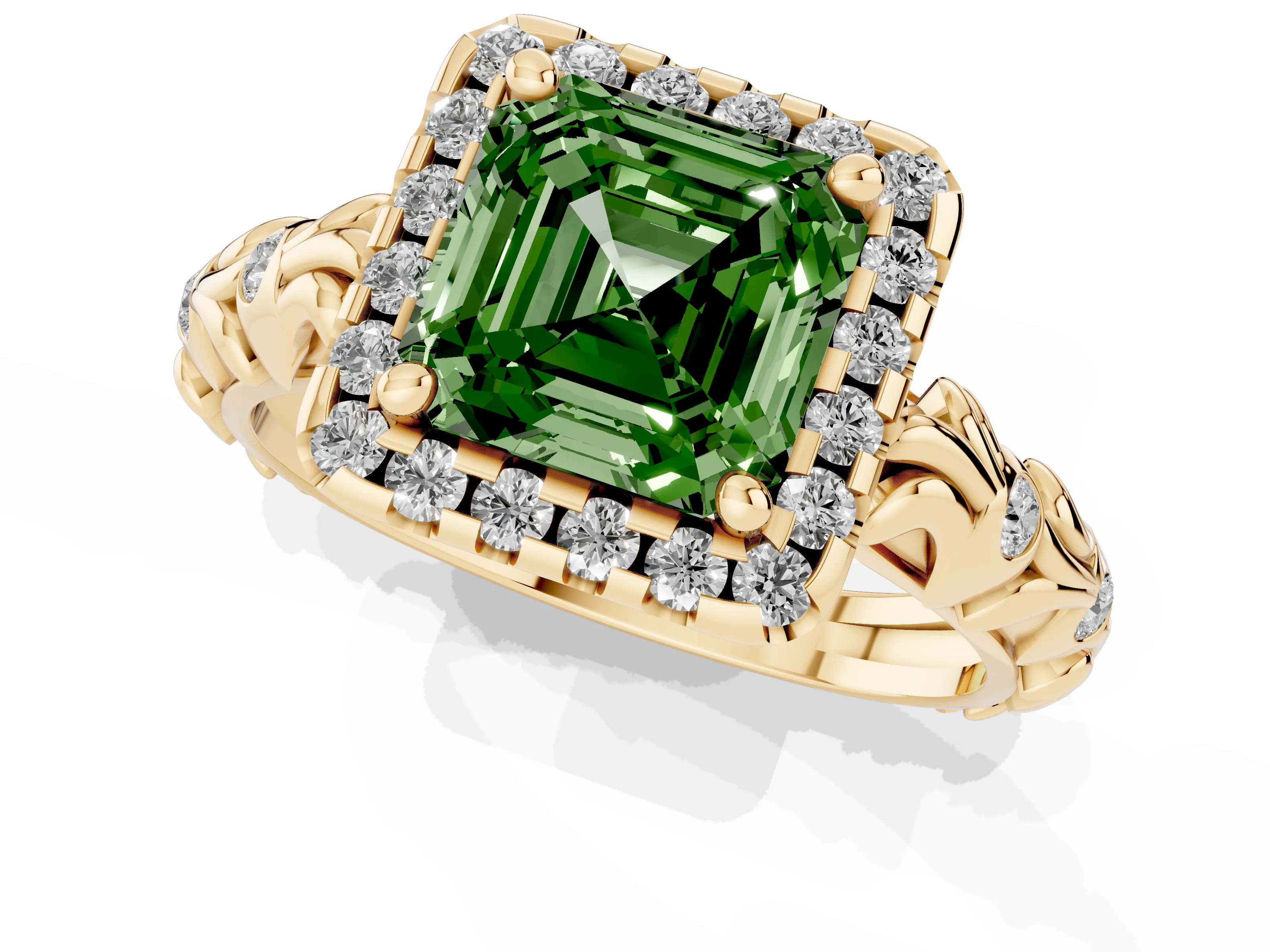 Fancy Green Asscher Cut Diamond Halo Ring Set in Yellow gold with Filigree Leaf Band and Prong Setting
