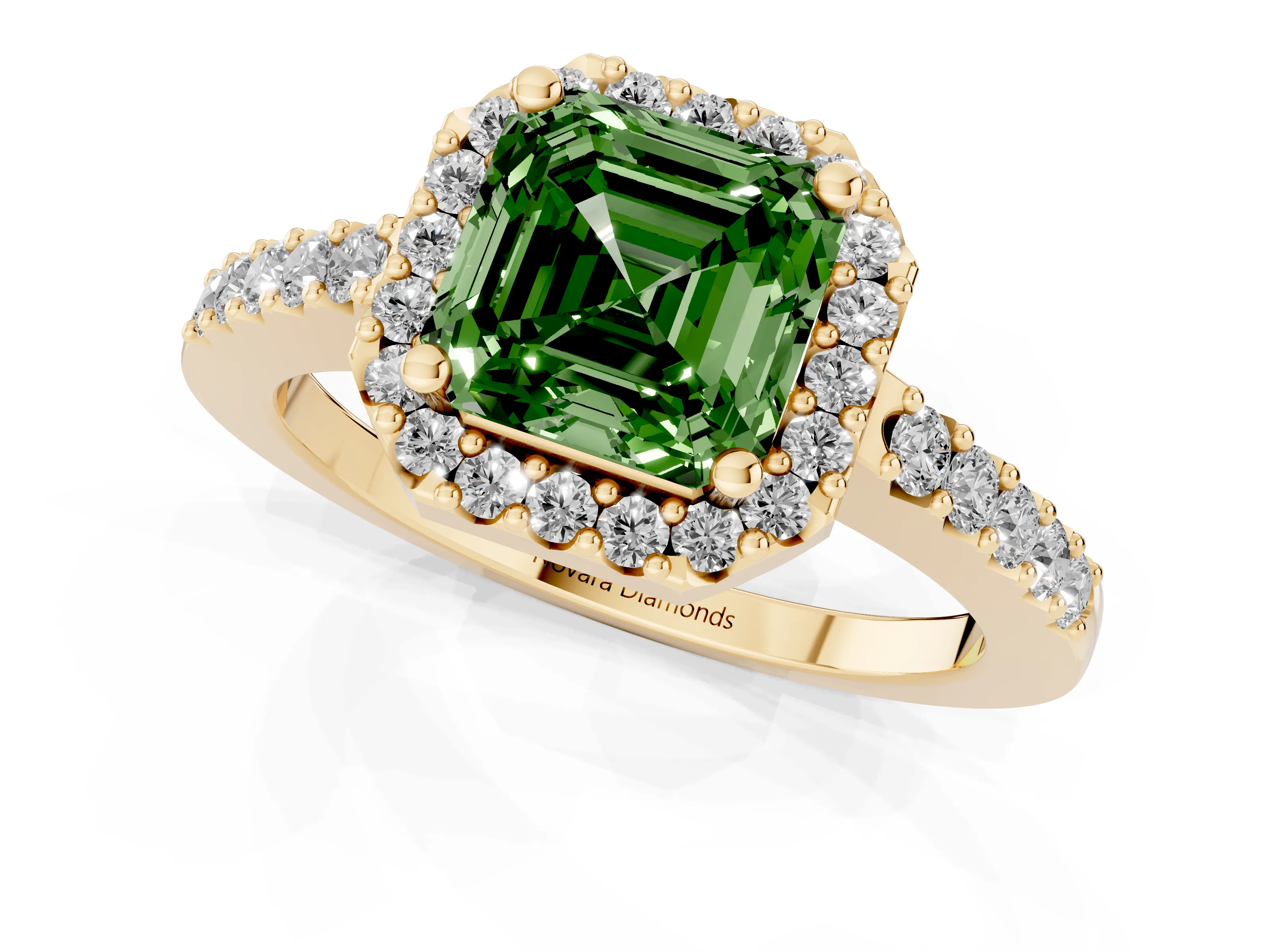 Fancy Green Asscher Cut Diamond Halo Pavé Solitaire Ring Set in Yellow gold with Prong-Set Center Stone