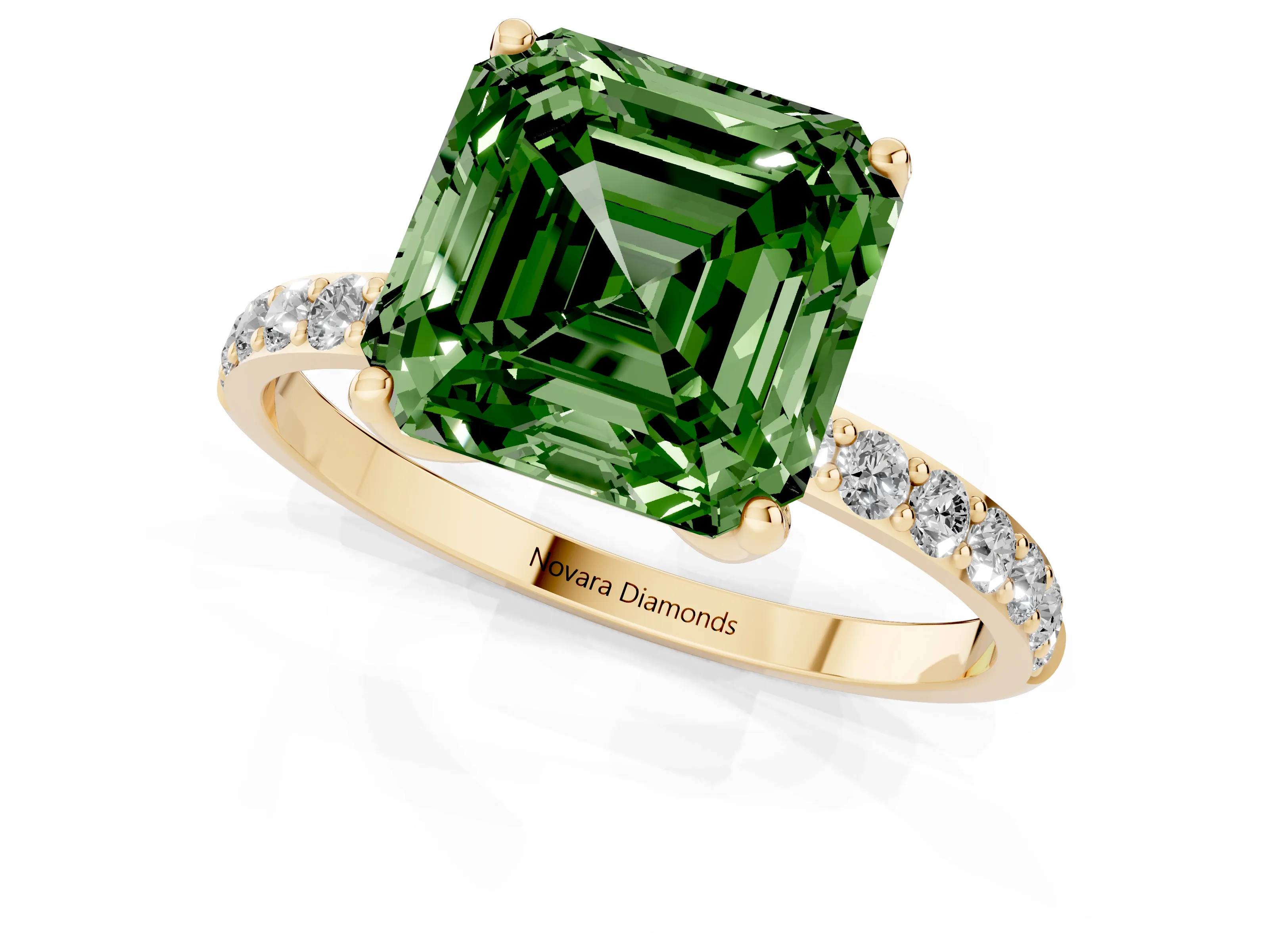 Fancy Green Asscher Cut Diamond Solitaire Engagement Ring Set in Yellow gold with Round Pavé Band and Prong Setting