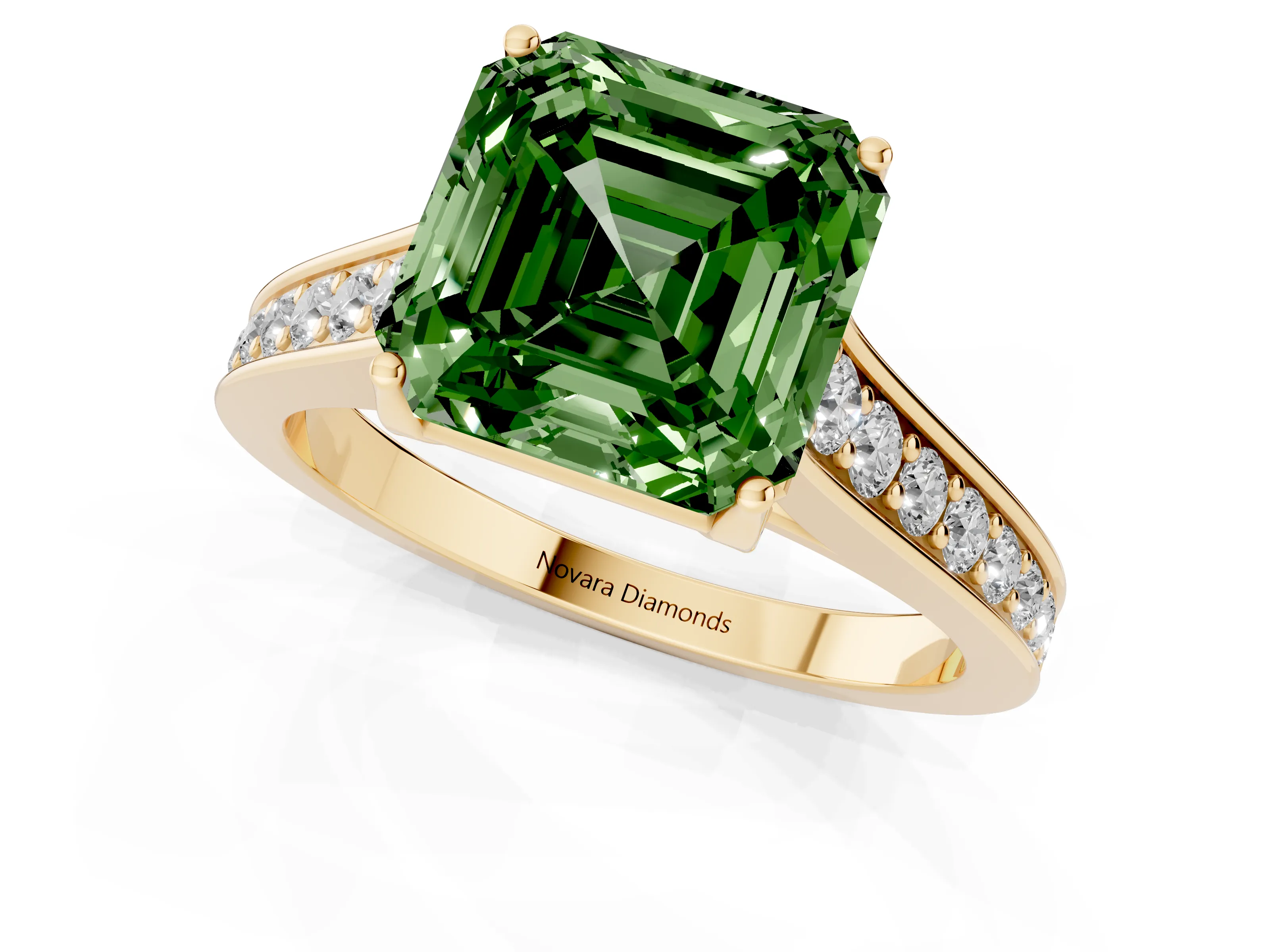 Fancy Green Asscher Cut Diamond Solitaire Pavé Engagement Ring Set in Yellow gold with Prong Setting