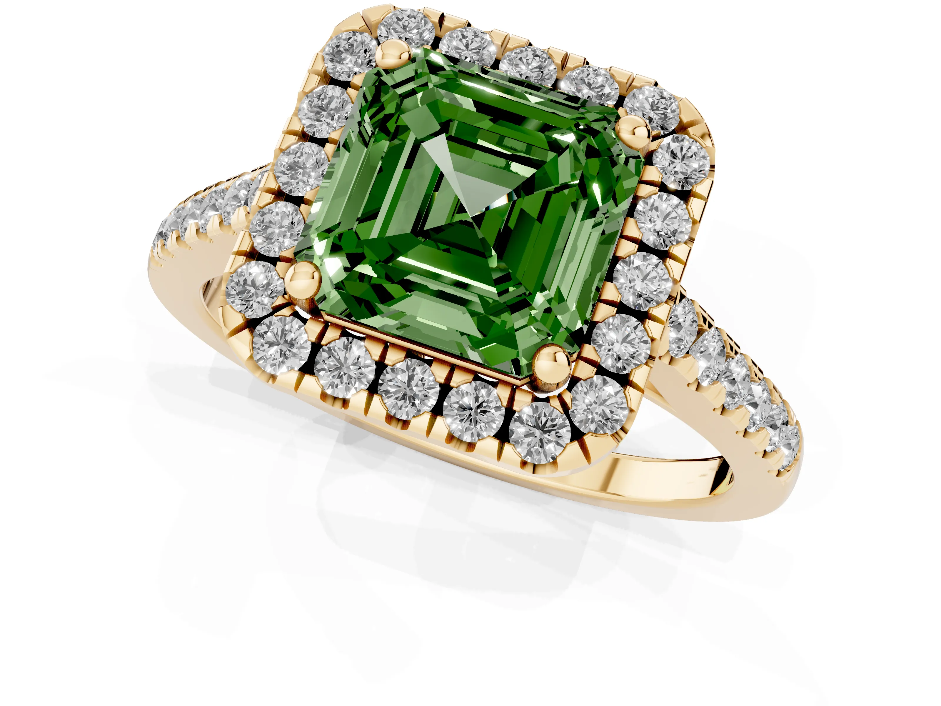 Fancy Green Asscher Cut Diamond Pavé Halo Engagement Ring Set in Yellow gold with Pavé Band and Prong Setting