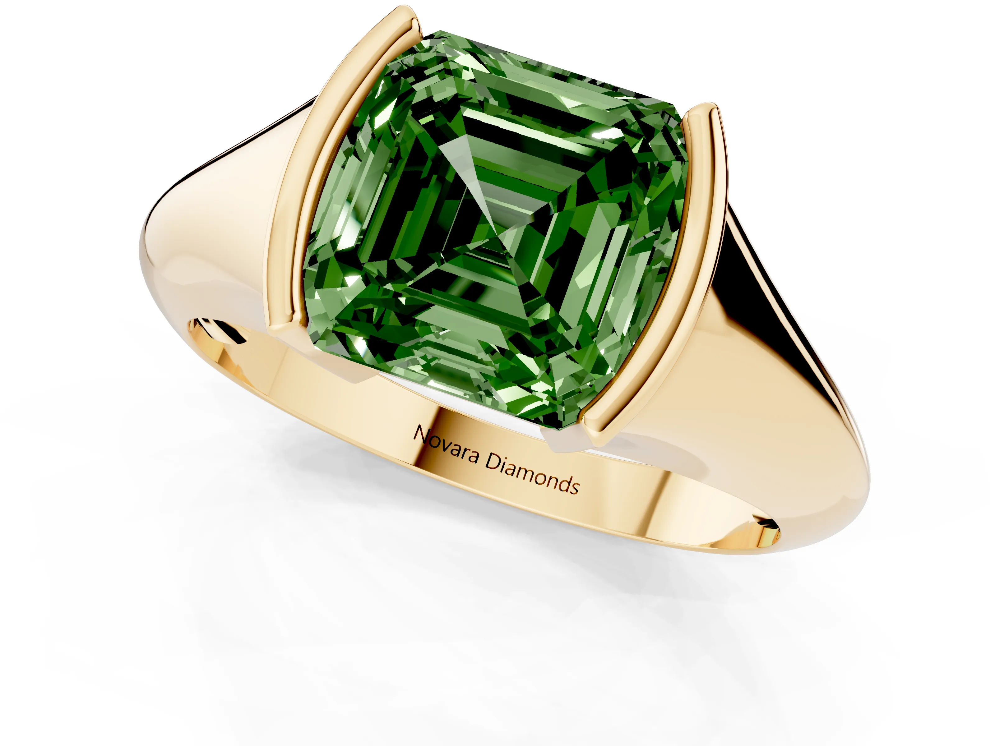 Fancy Green Asscher Cut Diamond Solitaire Tension Set Ring Set in Yellow gold