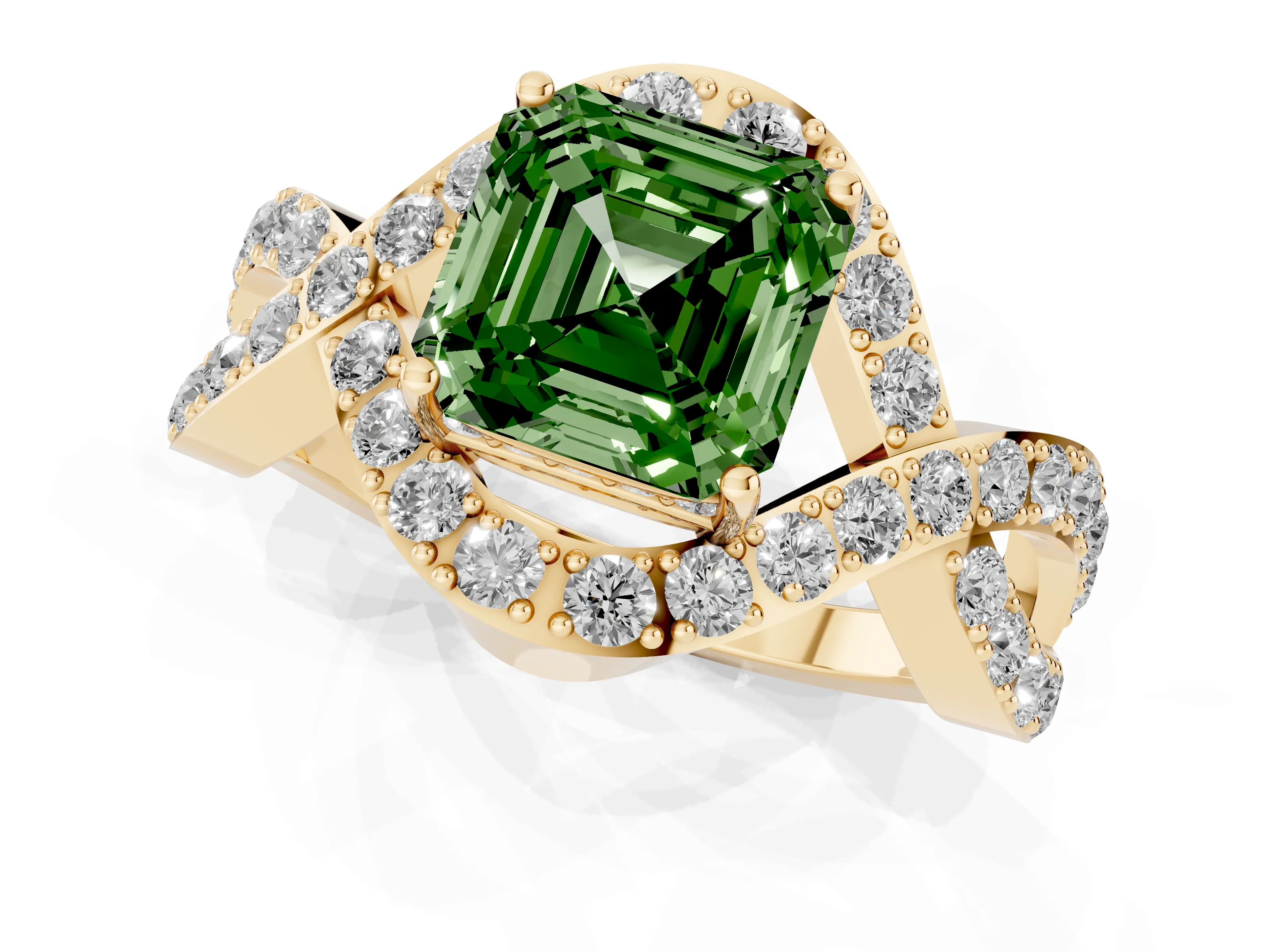 Fancy Green Asscher Cut Diamond Solitaire Twist Band Pavé Engagement Ring Set in Yellow gold