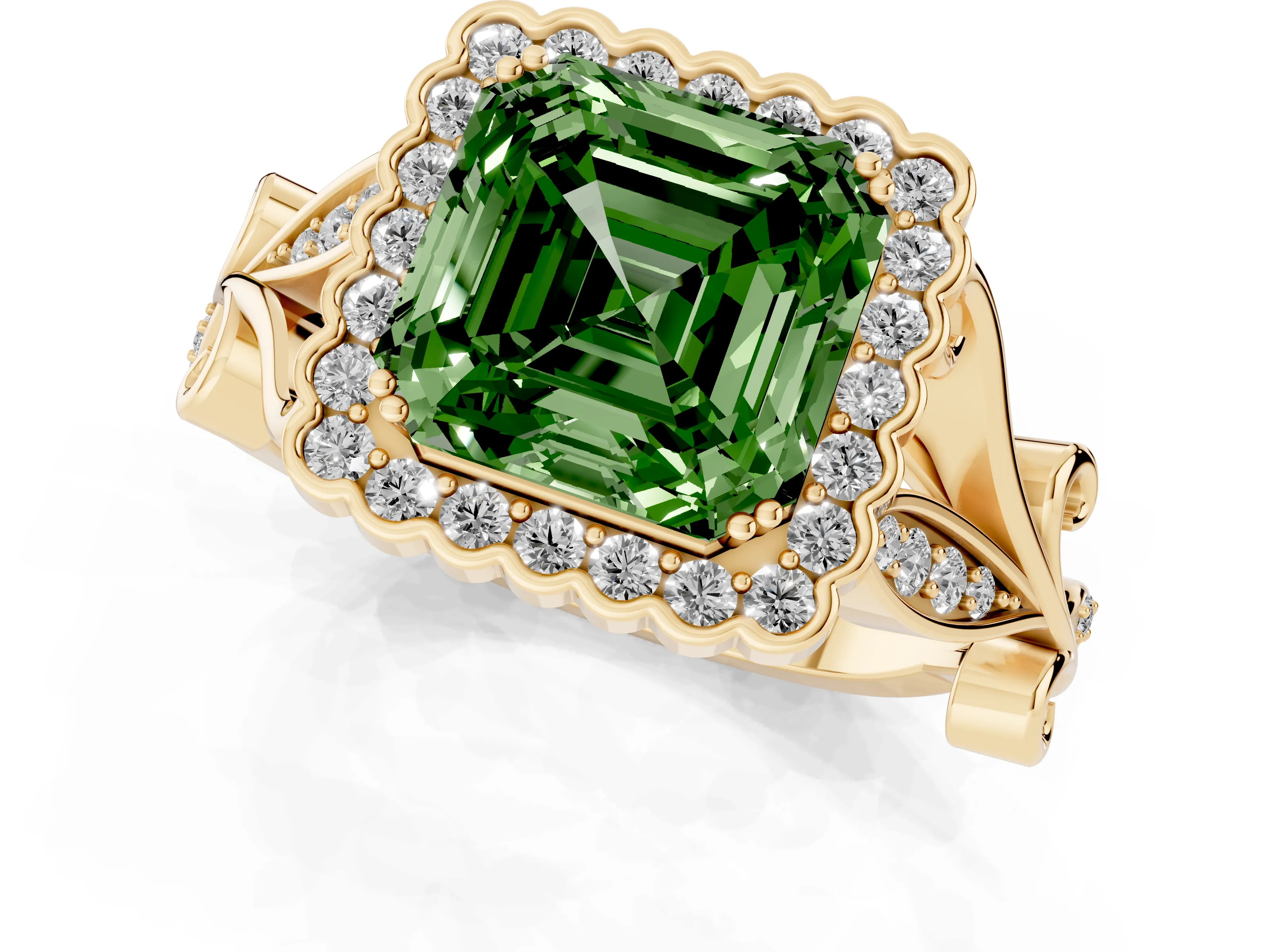 Fancy Green Asscher Cut Diamond Halo Ring Set in Yellow gold with Leaf Motif Split Shank and Prong Setting