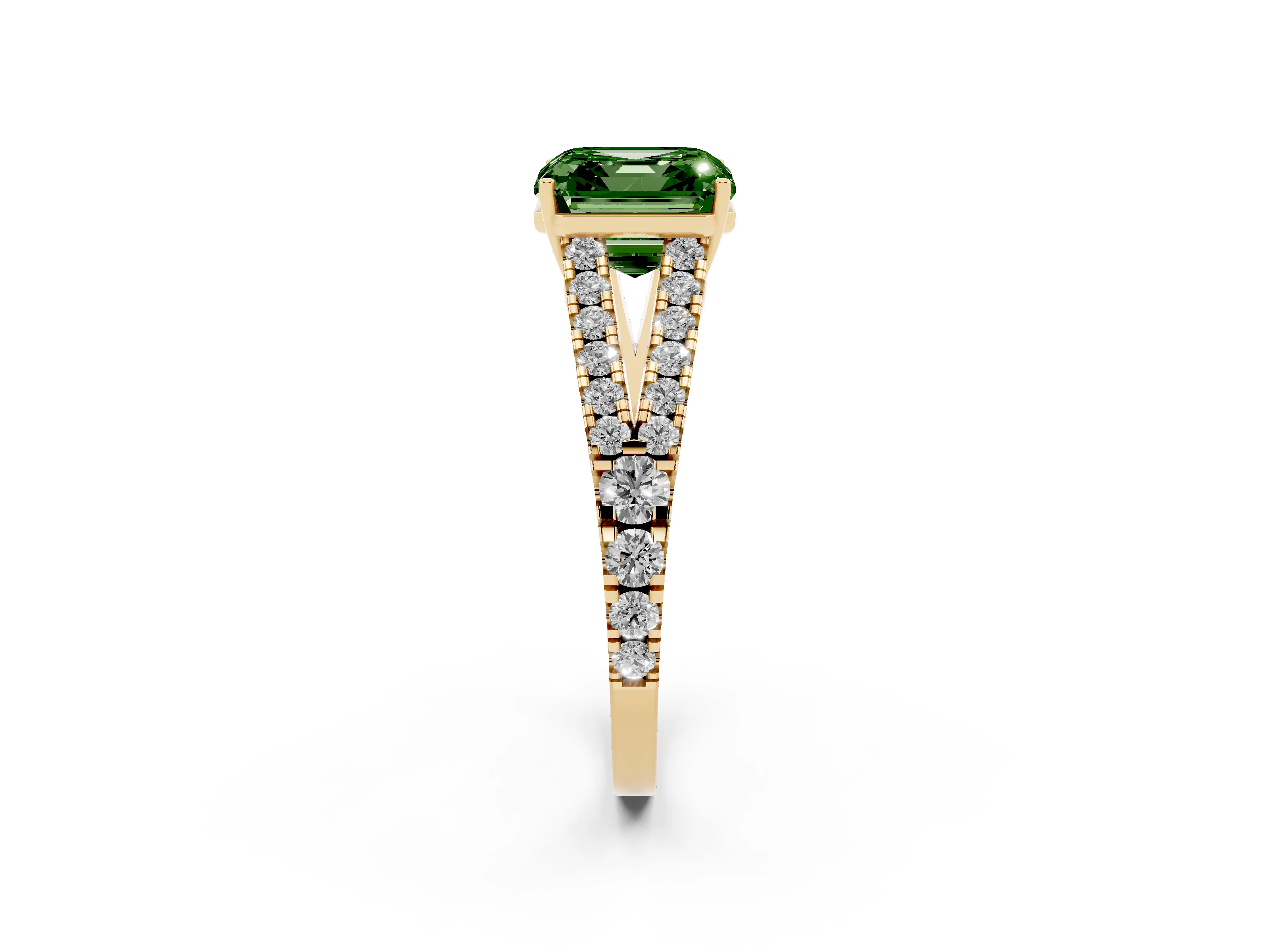 Fancy Green Asscher Cut Diamond Split Shank Engagement Ring Set in Yellow gold with Round Pavé and Prong Setting