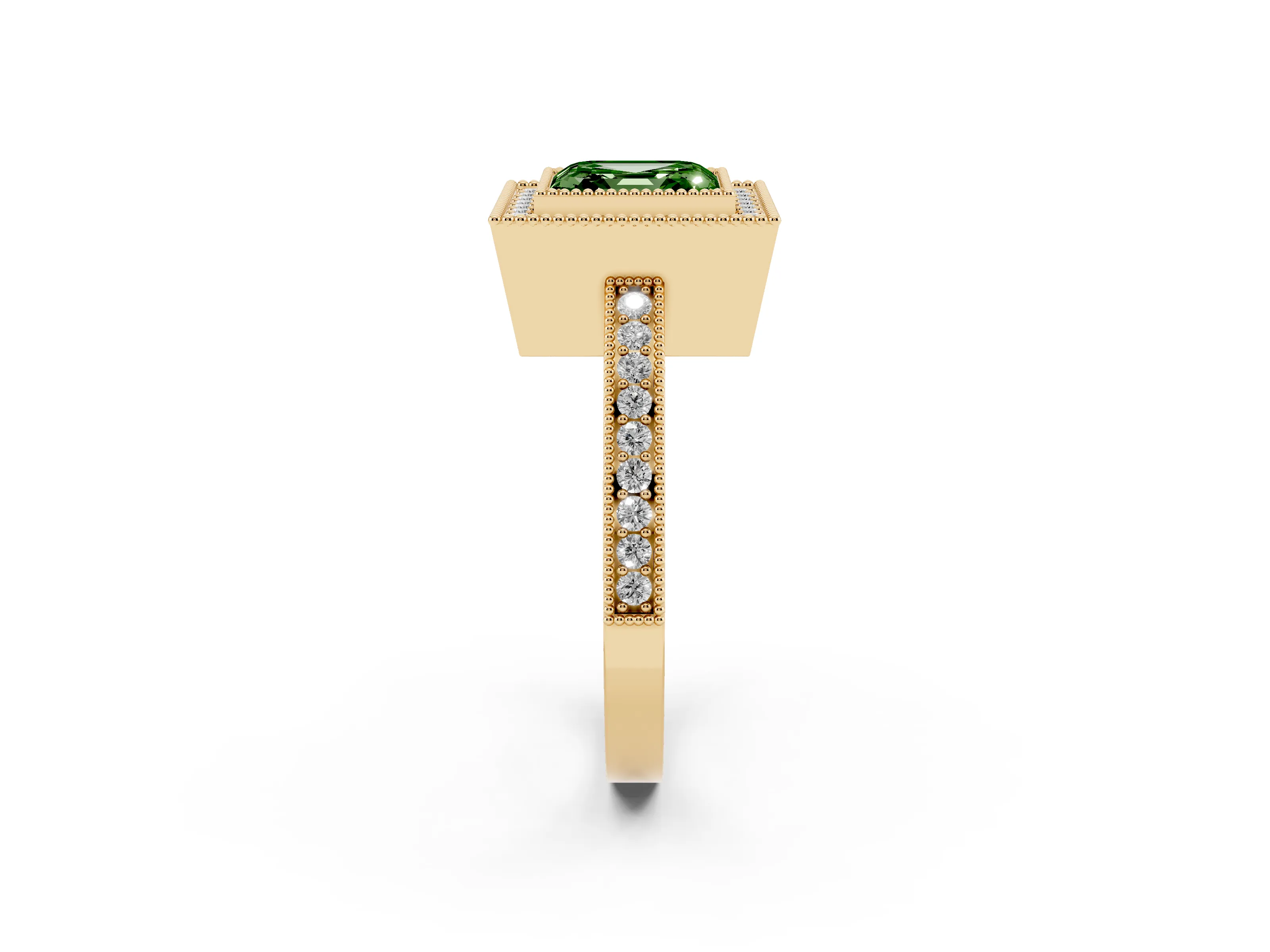 Fancy Green Asscher Cut Diamond Round Halo Ring Set in Yellow gold with Pavé Band