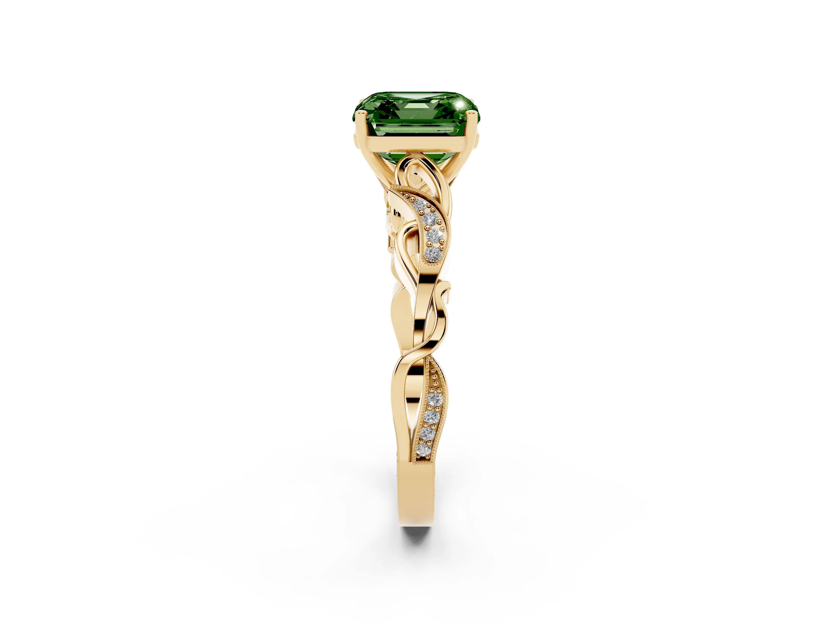 Fancy Green Asscher Cut Diamond Vine Band Solitaire Ring Set in Yellow gold with Milgrain Prong Setting