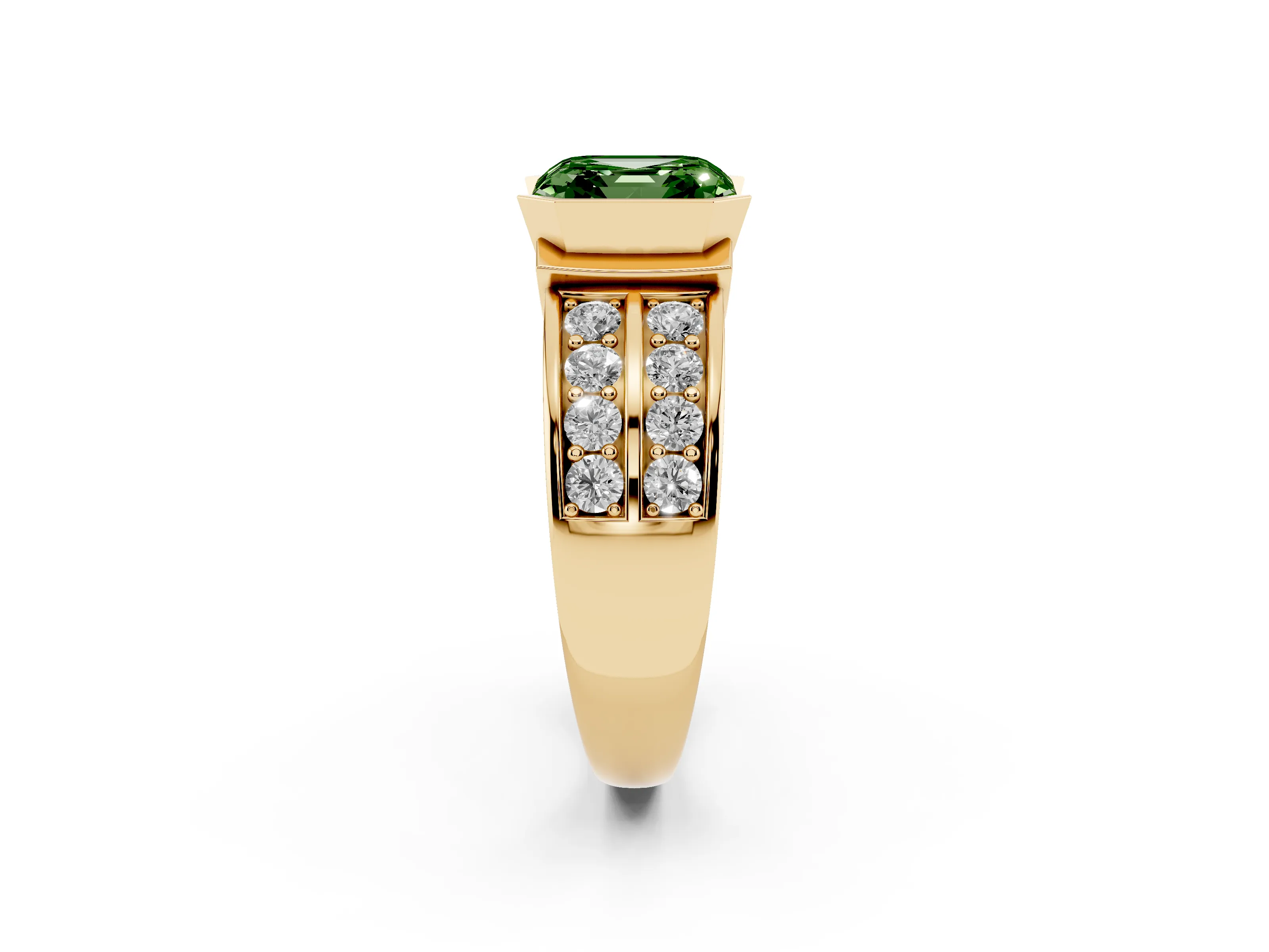 Fancy Green Asscher Cut Diamond Wide Channel Set Band Ring Set in Yellow gold with Bezel Setting