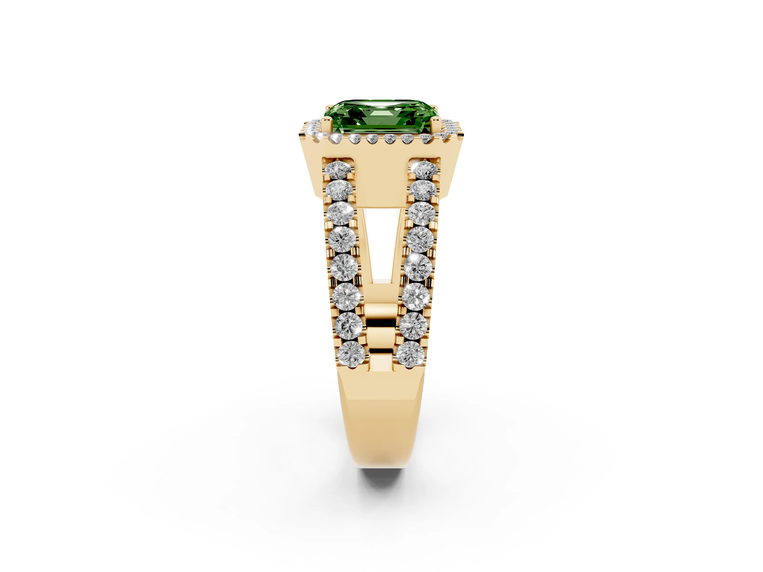 Fancy Green Asscher Cut Diamond Halo Ring Set in Yellow gold with Pavé Split Shank and Prong Setting