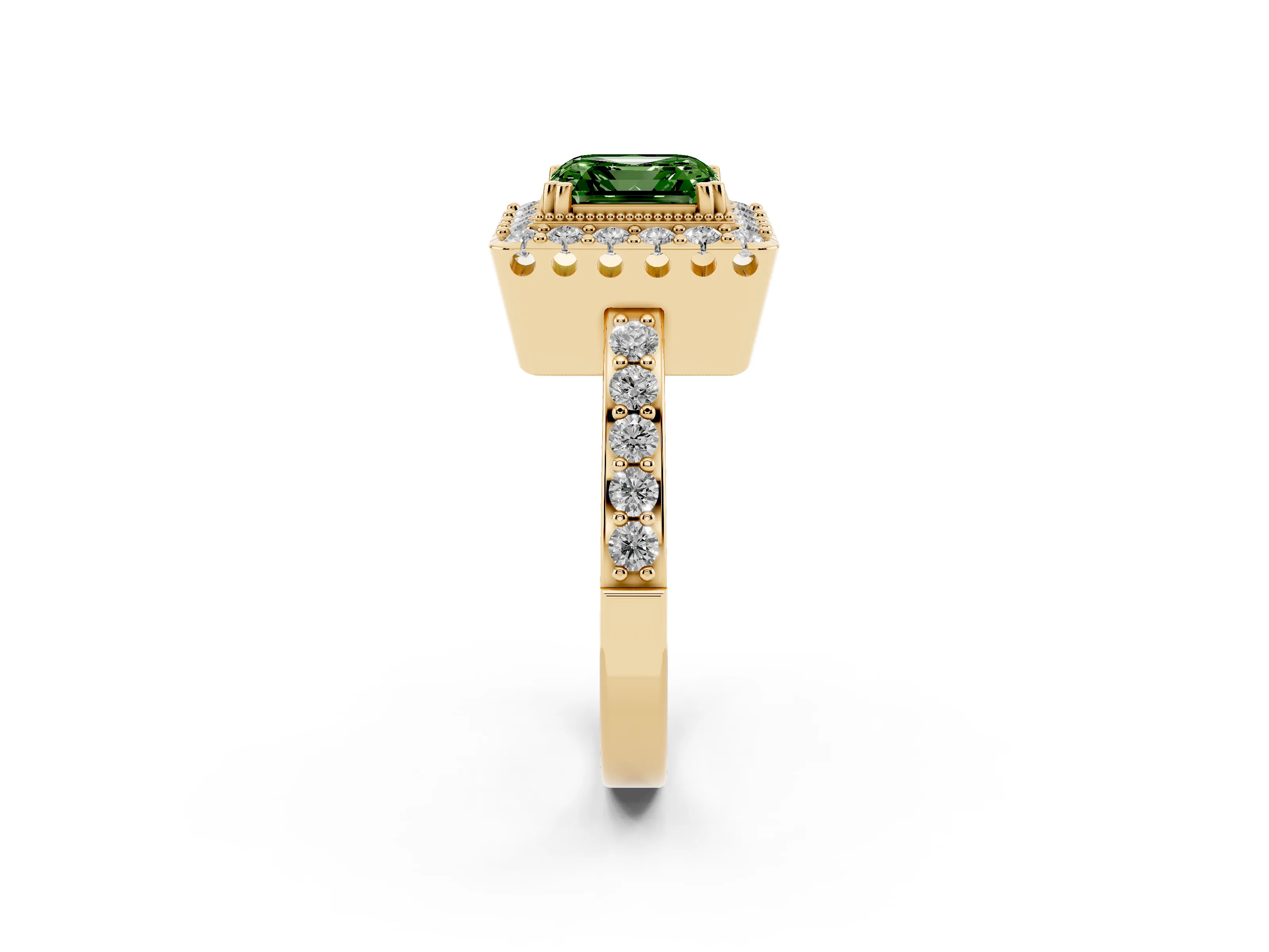 Fancy Green Asscher Cut Diamond Halo Ring Set in Yellow gold with Pavé Shank and Prong Setting