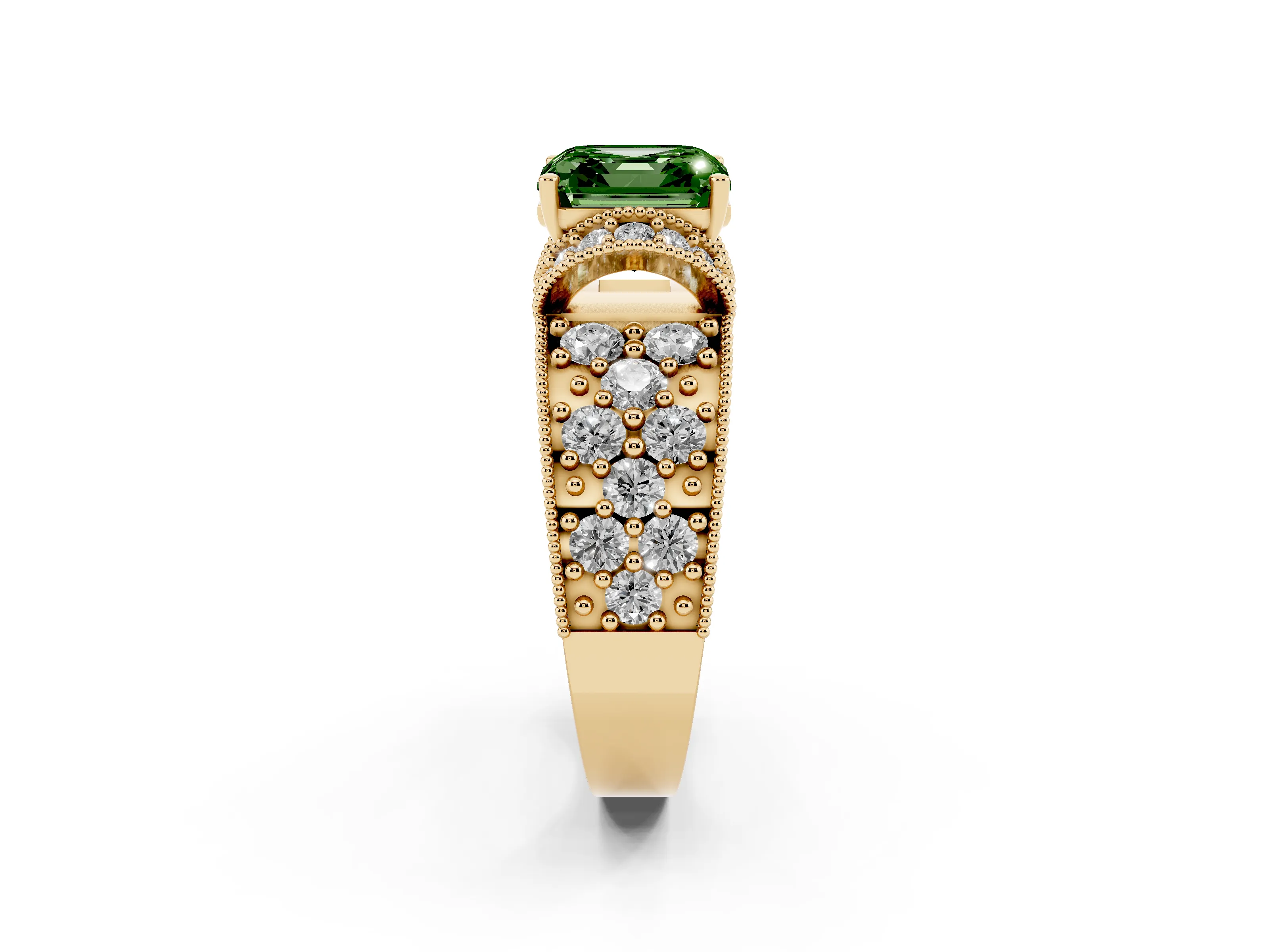Fancy Green Asscher Cut Diamond Milgrain Halo Pavé Engagement Ring Set in Yellow gold with Prong Setting