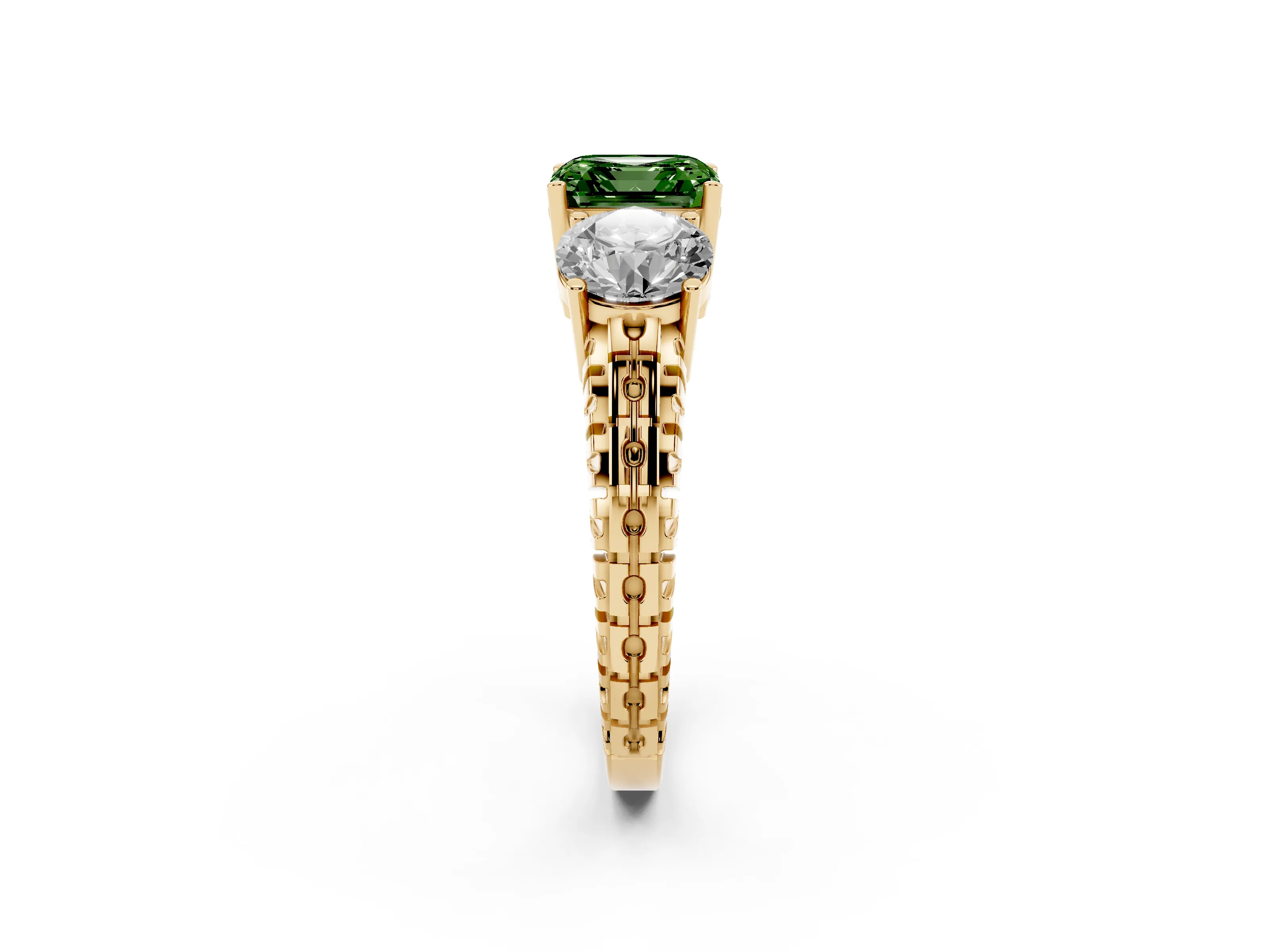 Fancy Green Asscher Cut Diamond Three-Stone Ring Set in Yellow gold with Channel-Set Accent Band