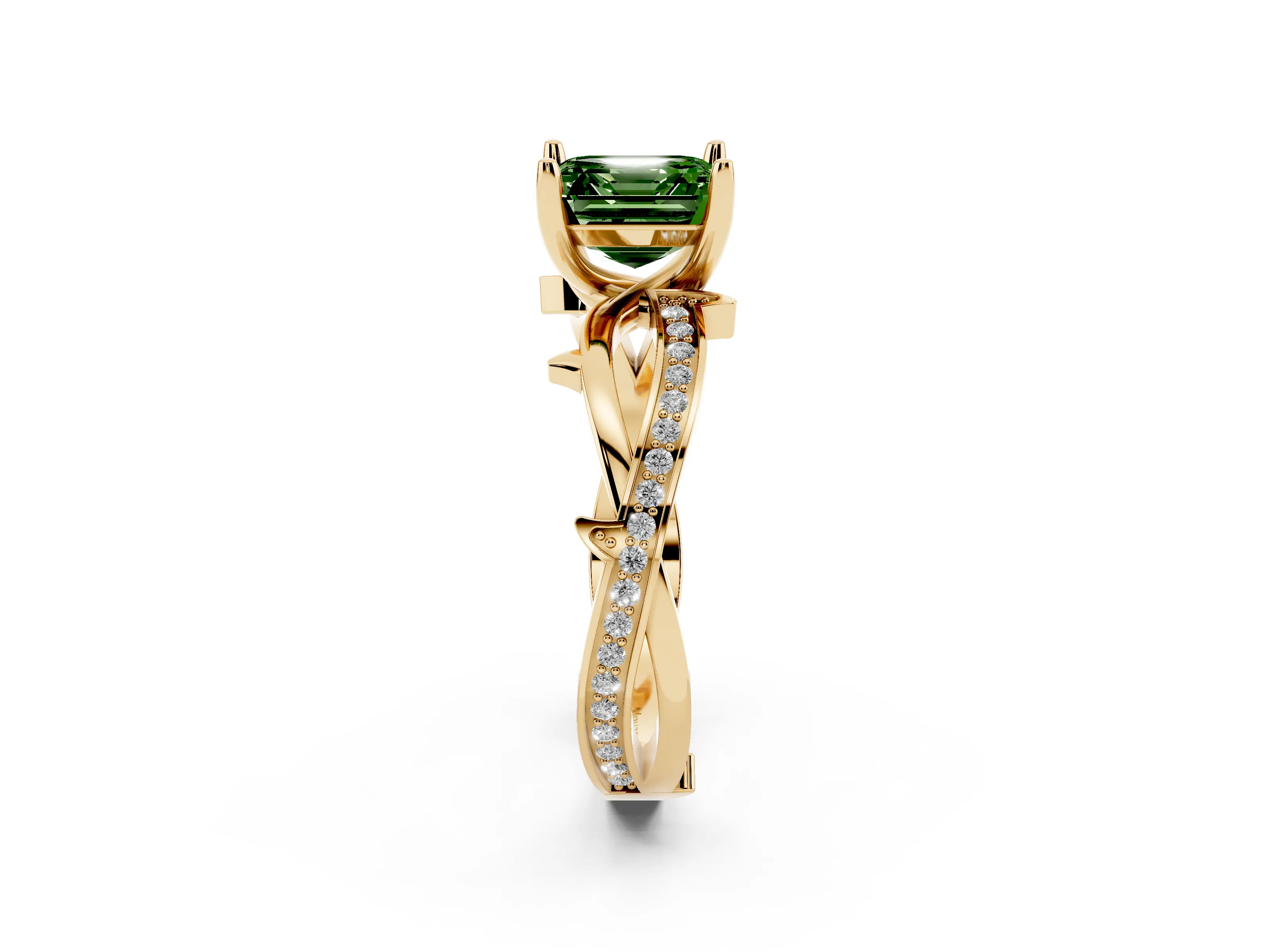 Fancy Green Asscher Cut Diamond Pavé Twist Band Solitaire Ring Set in Yellow gold with Prong Setting