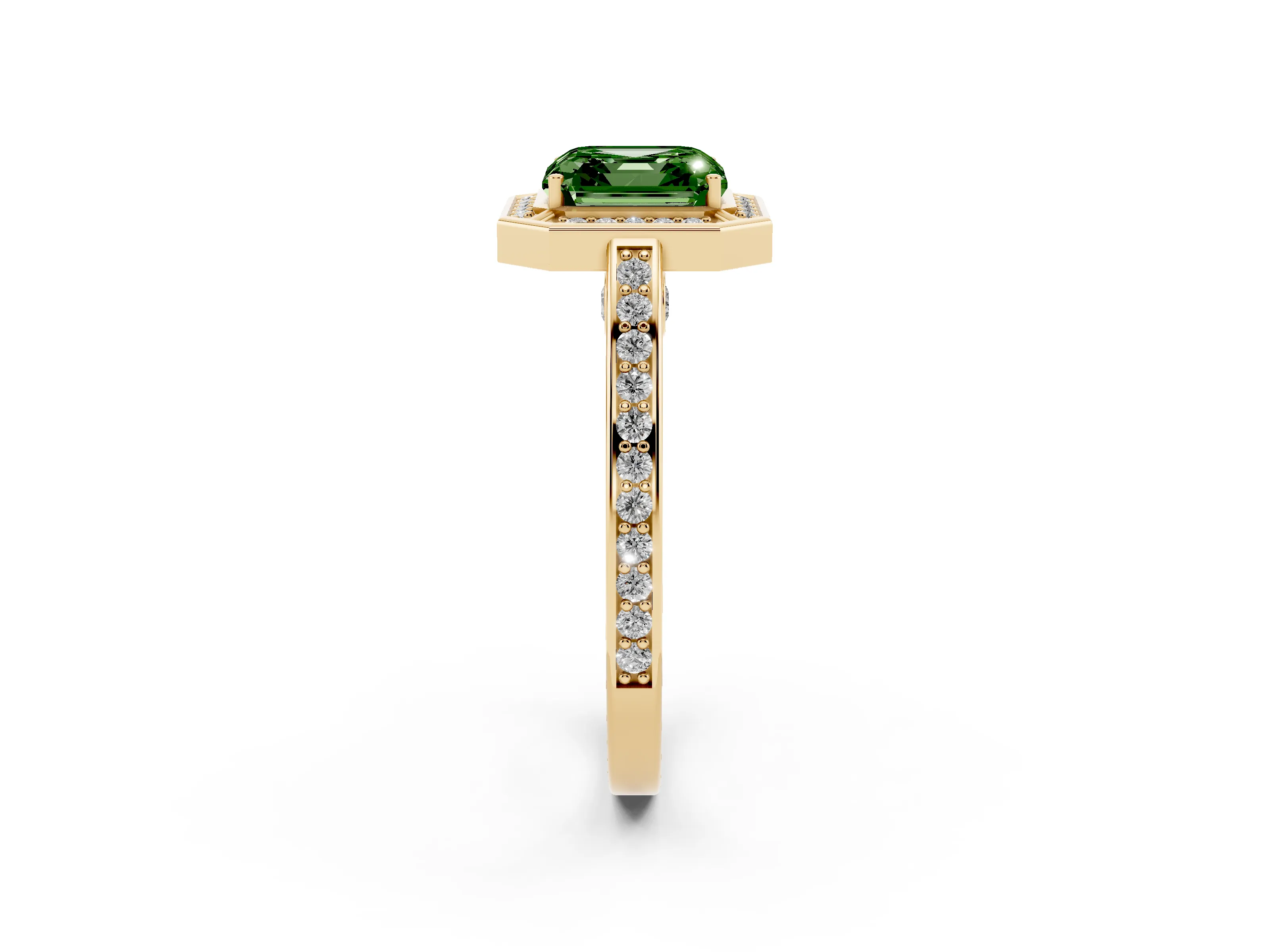 Fancy Green Asscher Cut Diamond Halo Pavé Split Shank Ring Set in Yellow gold with Prong Setting
