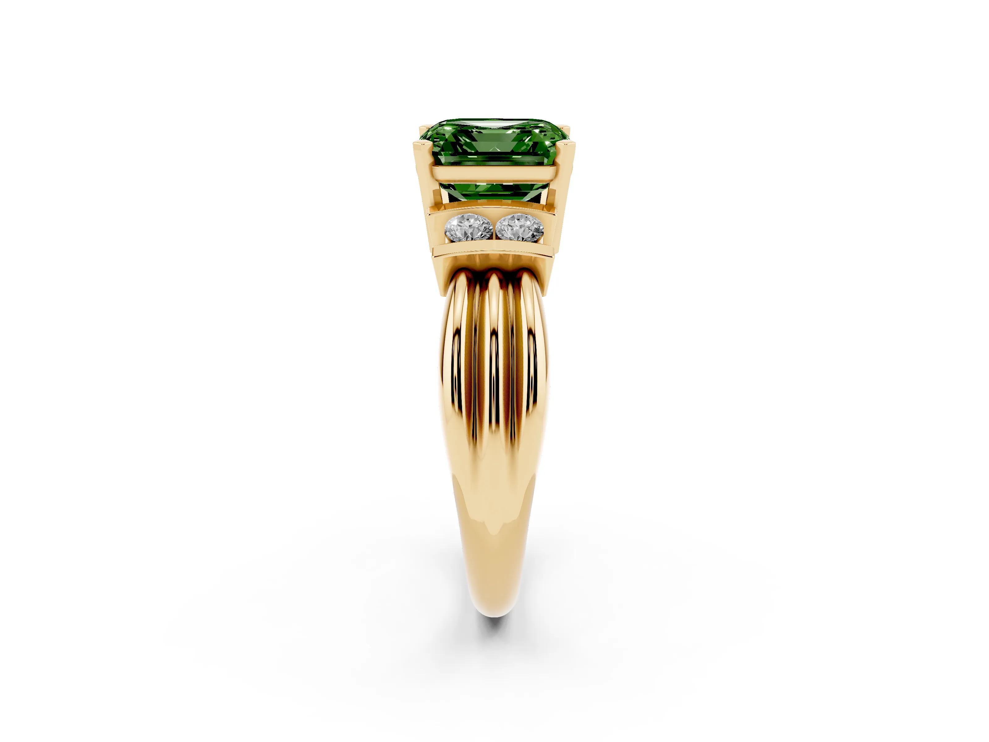 Fancy Green Three-Stone Asscher Cut Diamond Channel Set Ring Set in Yellow gold with Bar Prongs