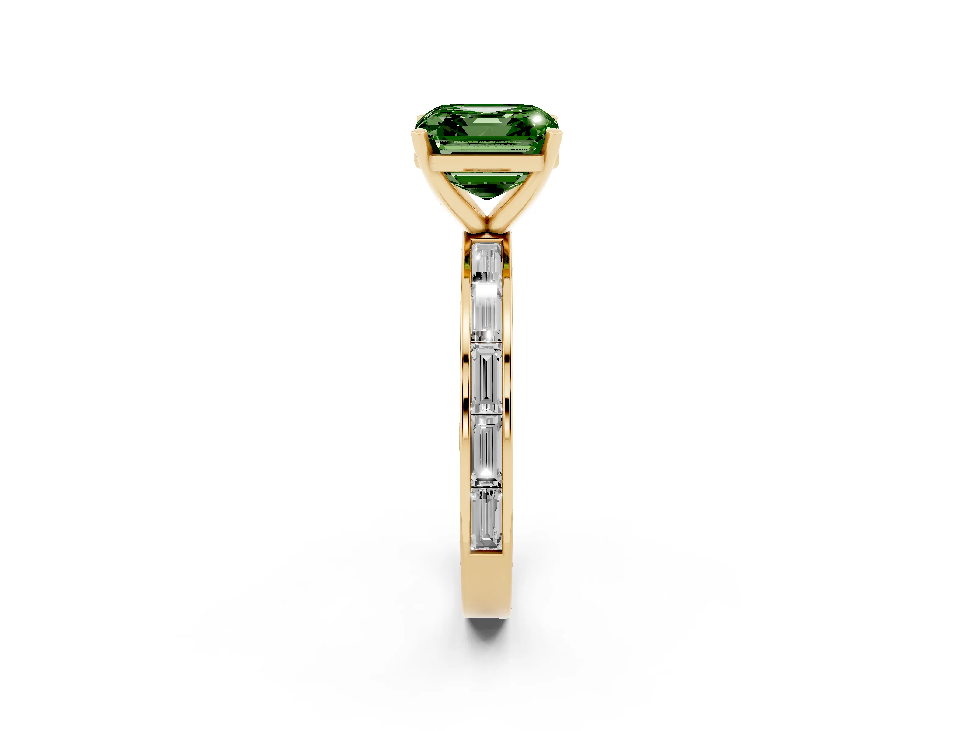 Fancy Green Asscher Cut Diamond Solitaire Ring Set in Yellow gold with Channel-Set Baguette Band and Prong Setting