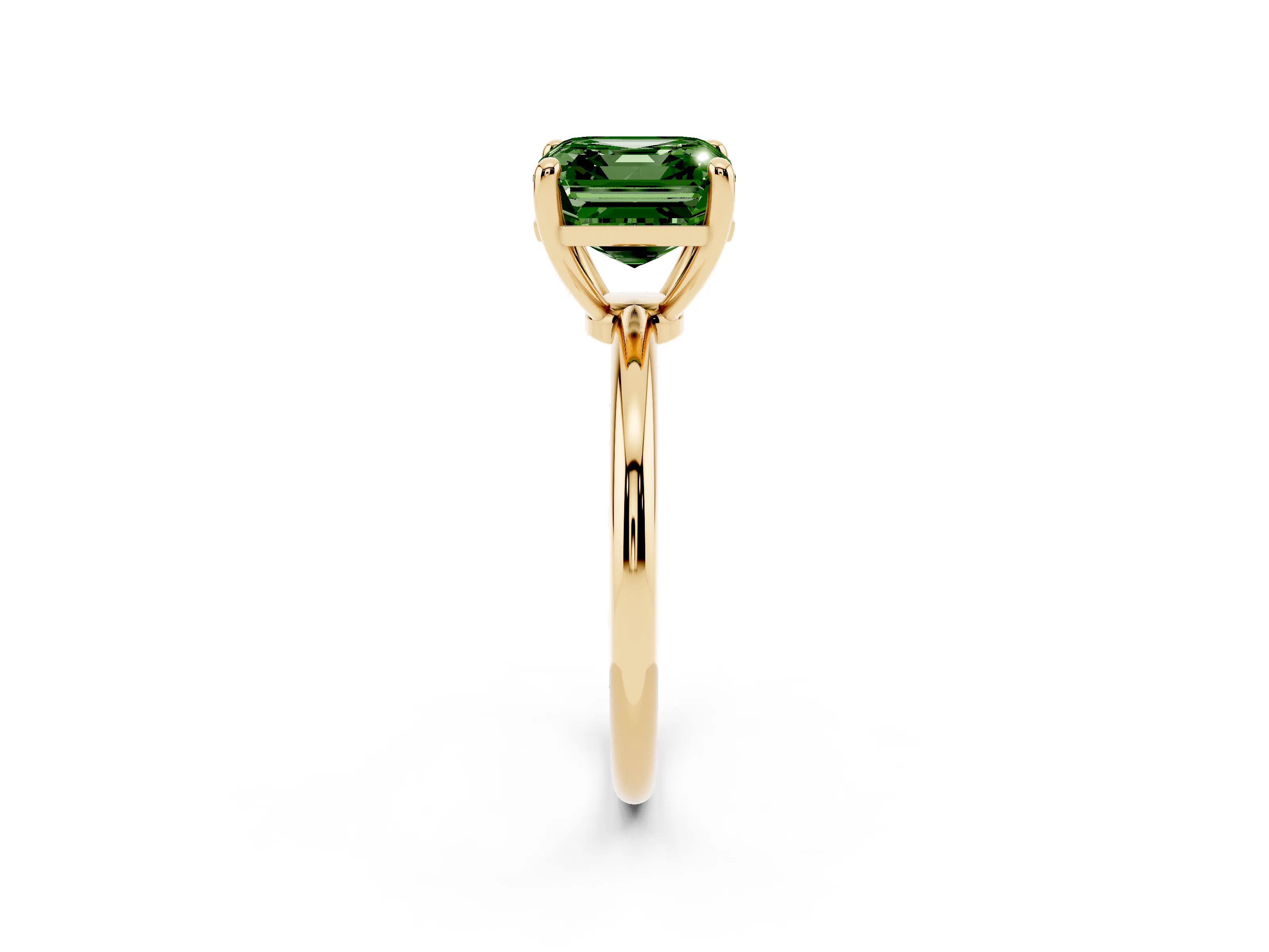 Fancy Green Asscher Cut Diamond Solitaire Ring Set in Yellow gold with Secure Prong Setting on a Classic Band