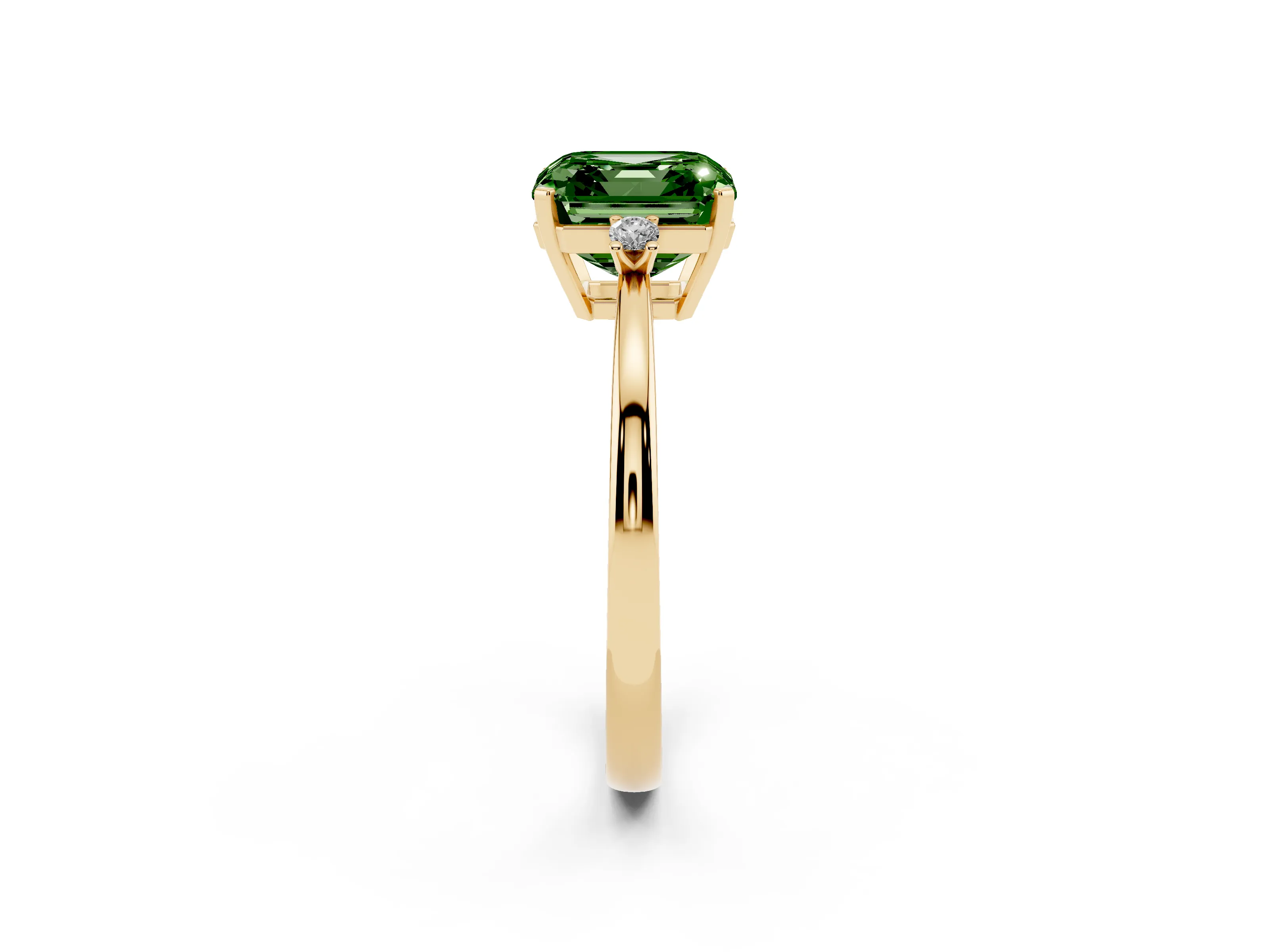 Fancy Green Three-Stone Asscher Cut Diamond Solitaire Ring Set in Yellow gold with Round Accent Stones and Prong Setting