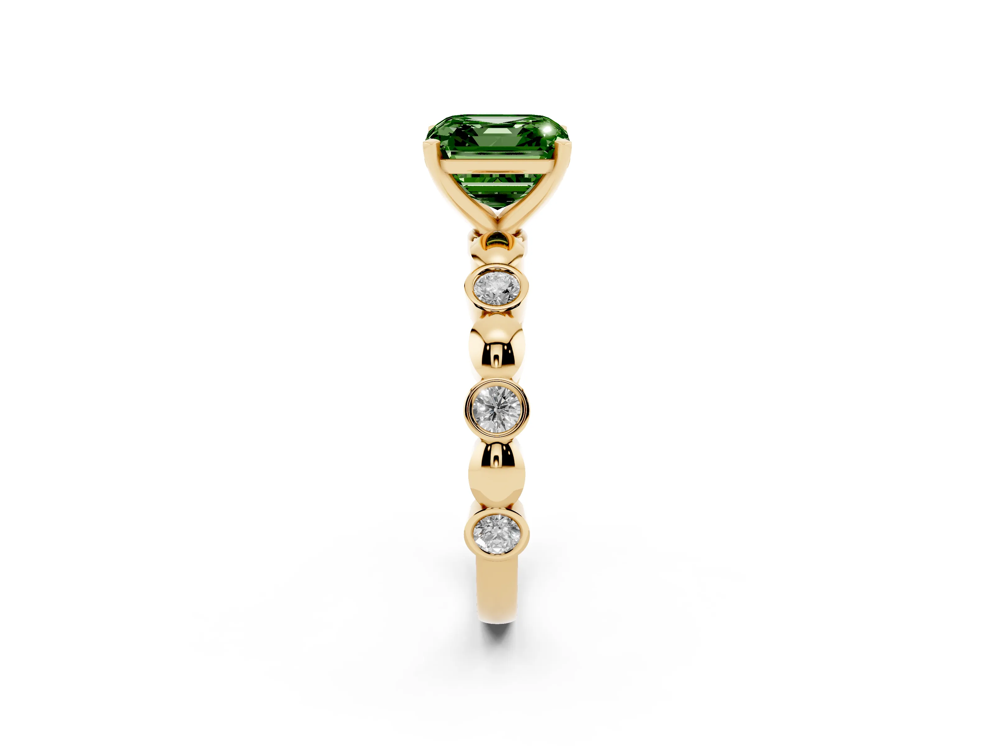 Fancy Green Asscher Cut Diamond Solitaire Ring Set in Yellow gold with Bezel-Set Accents on Beaded Band and Prong Setting