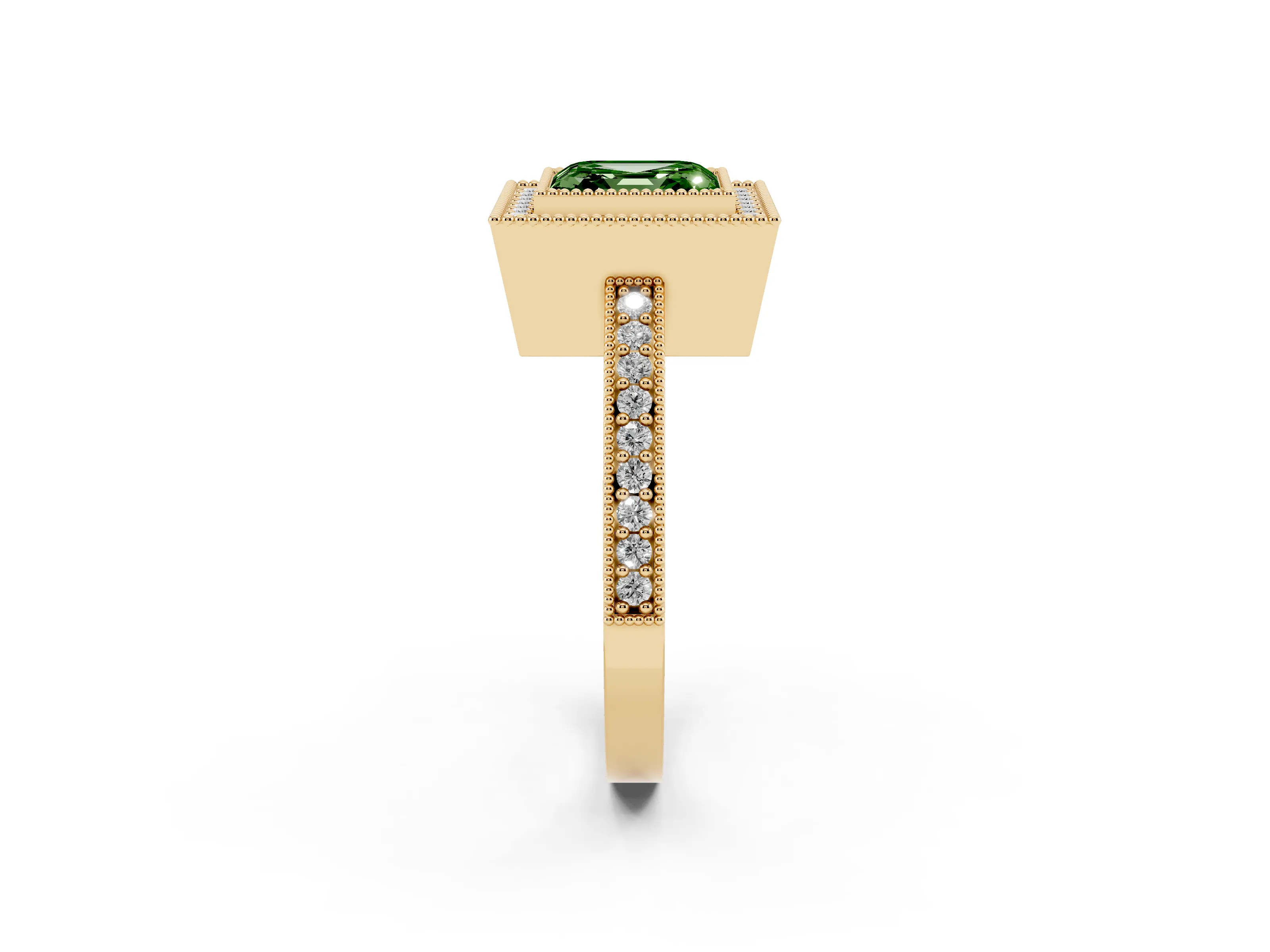 Fancy Green Asscher Cut Diamond Halo Engagement Ring Set in Yellow gold with Pavé Band and Round Halo Stones