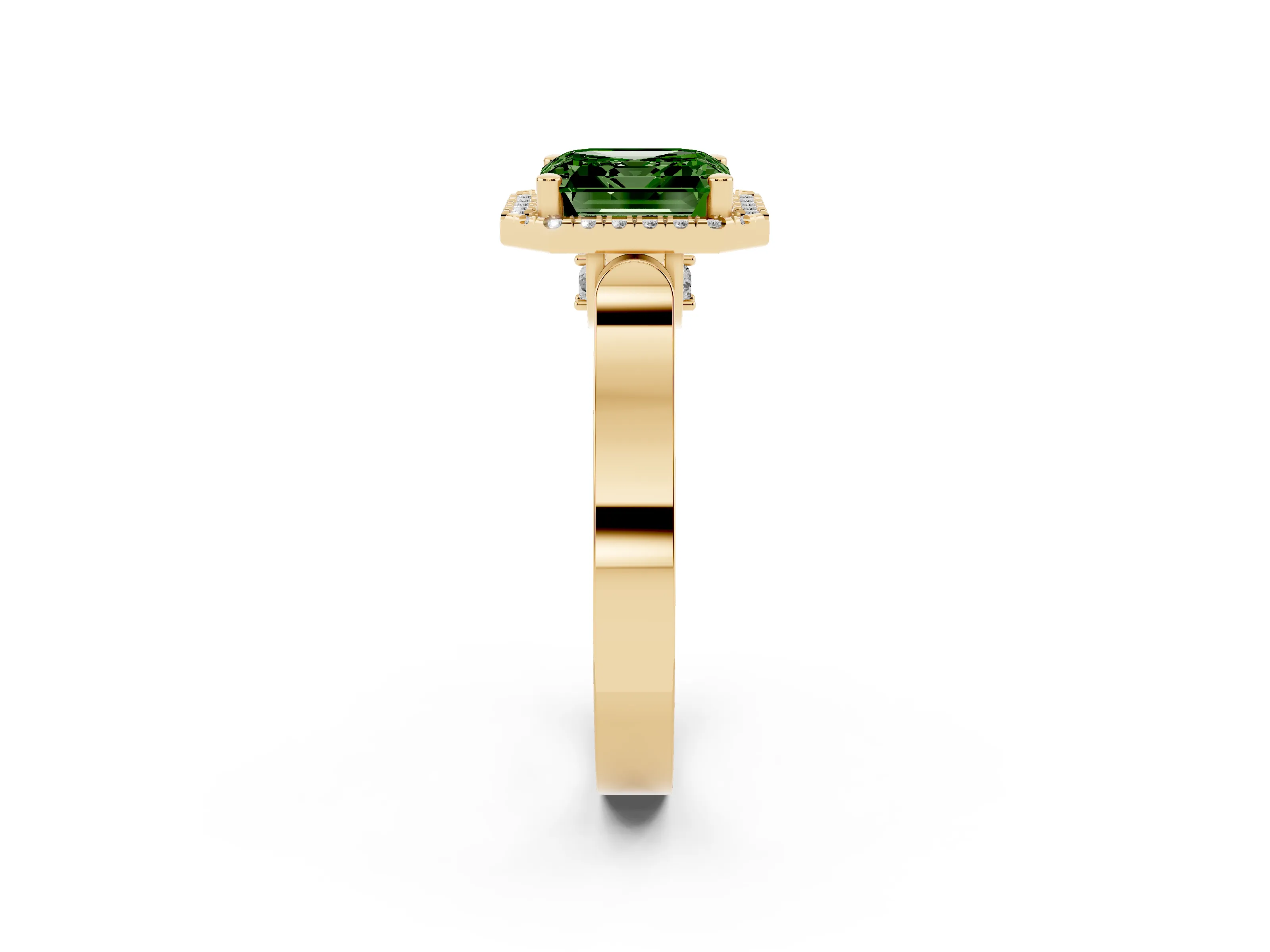 Fancy Green Asscher Cut Diamond Halo Ring Set in Yellow gold with Pavé-Lined Split Shank Band