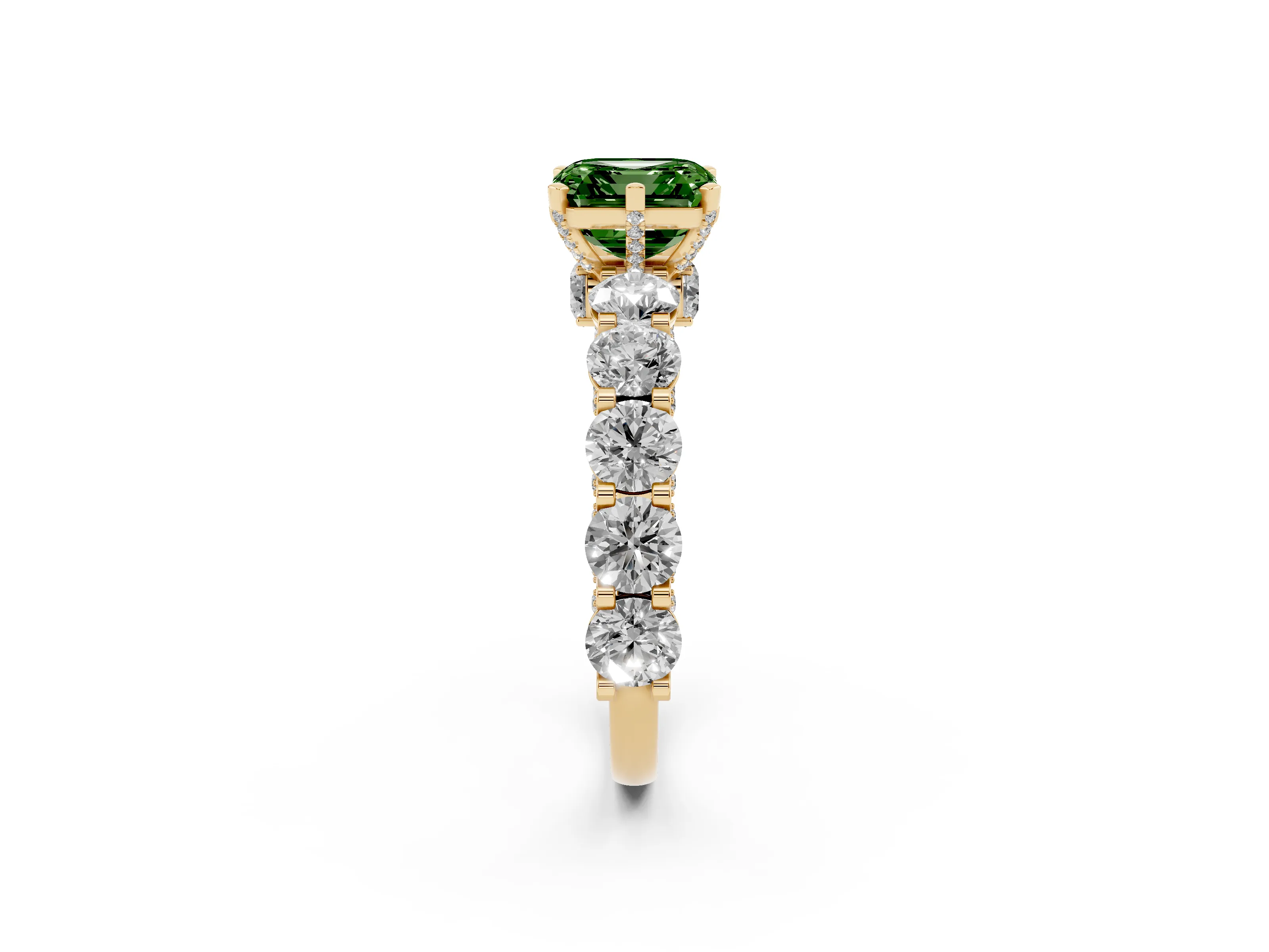 Fancy Green Asscher Cut Diamond Side Stone Ring Set in Yellow gold with Alternating Round and Oval Side Stones