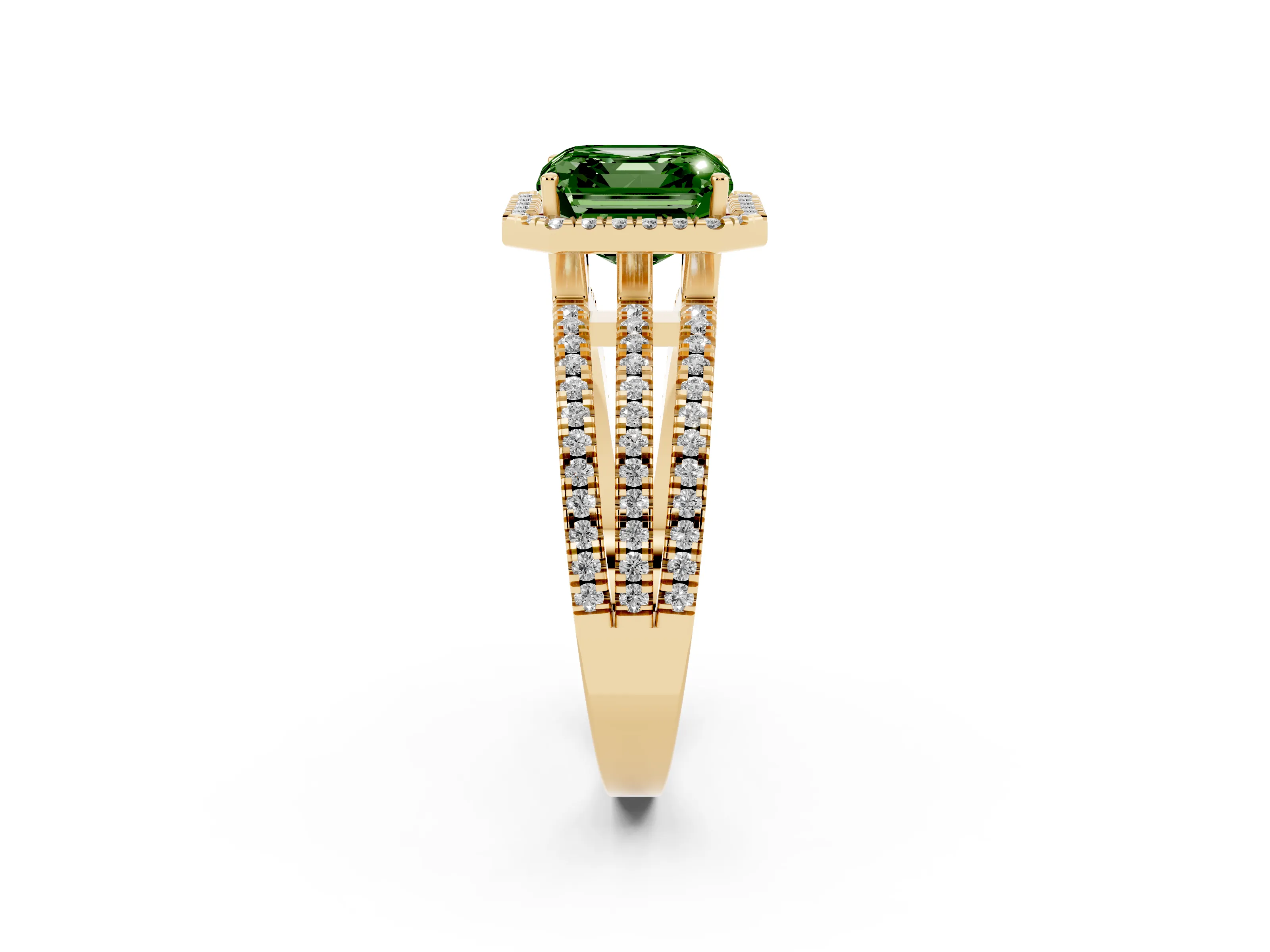 Fancy Green Asscher Cut Diamond Halo Split Shank Engagement Ring Set in Yellow gold with Prong Setting