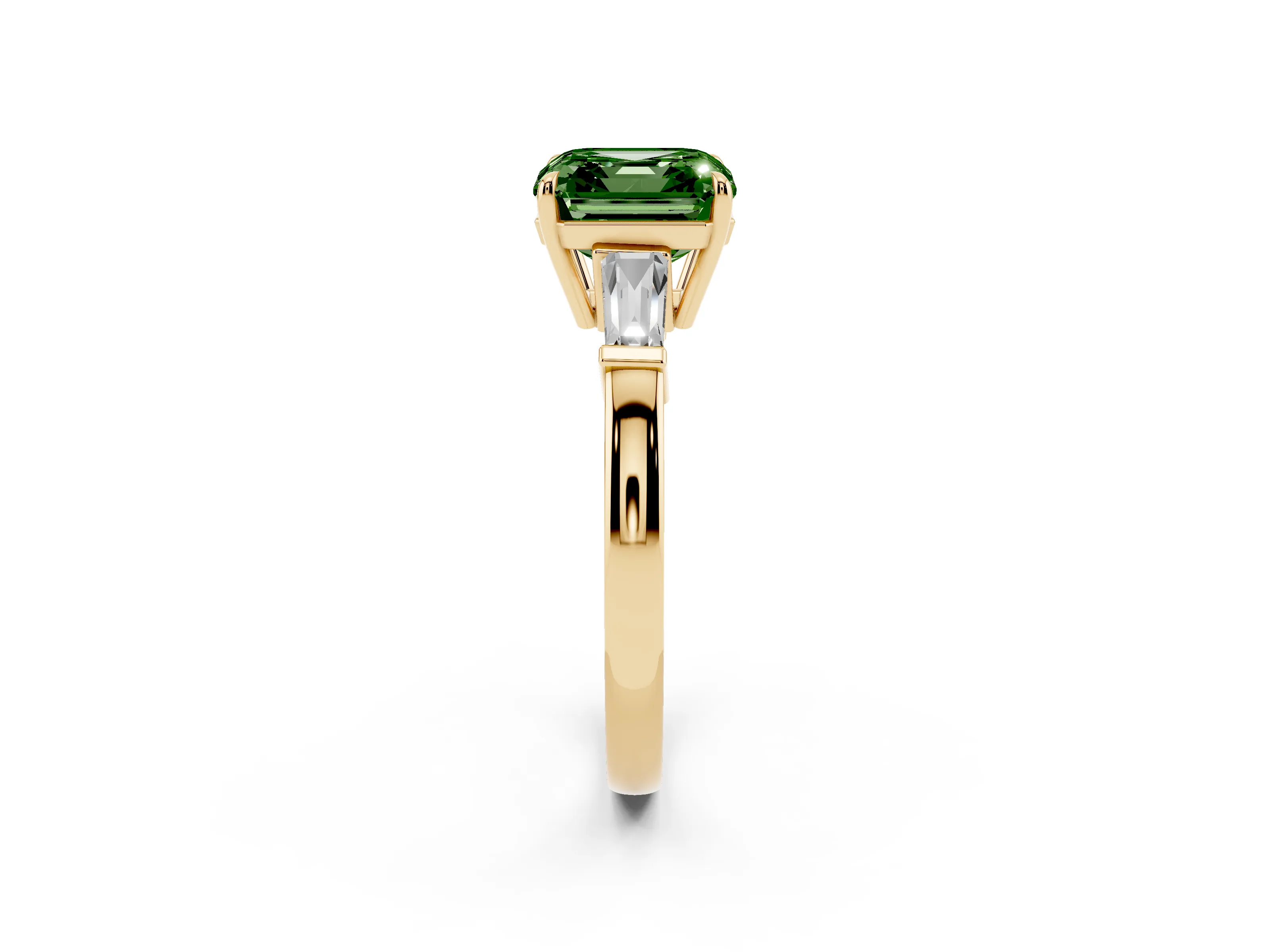 Fancy Green Asscher Cut Diamond Three-Stone Ring Set in Yellow gold with Tapered Baguette Side Stones and Prong Setting