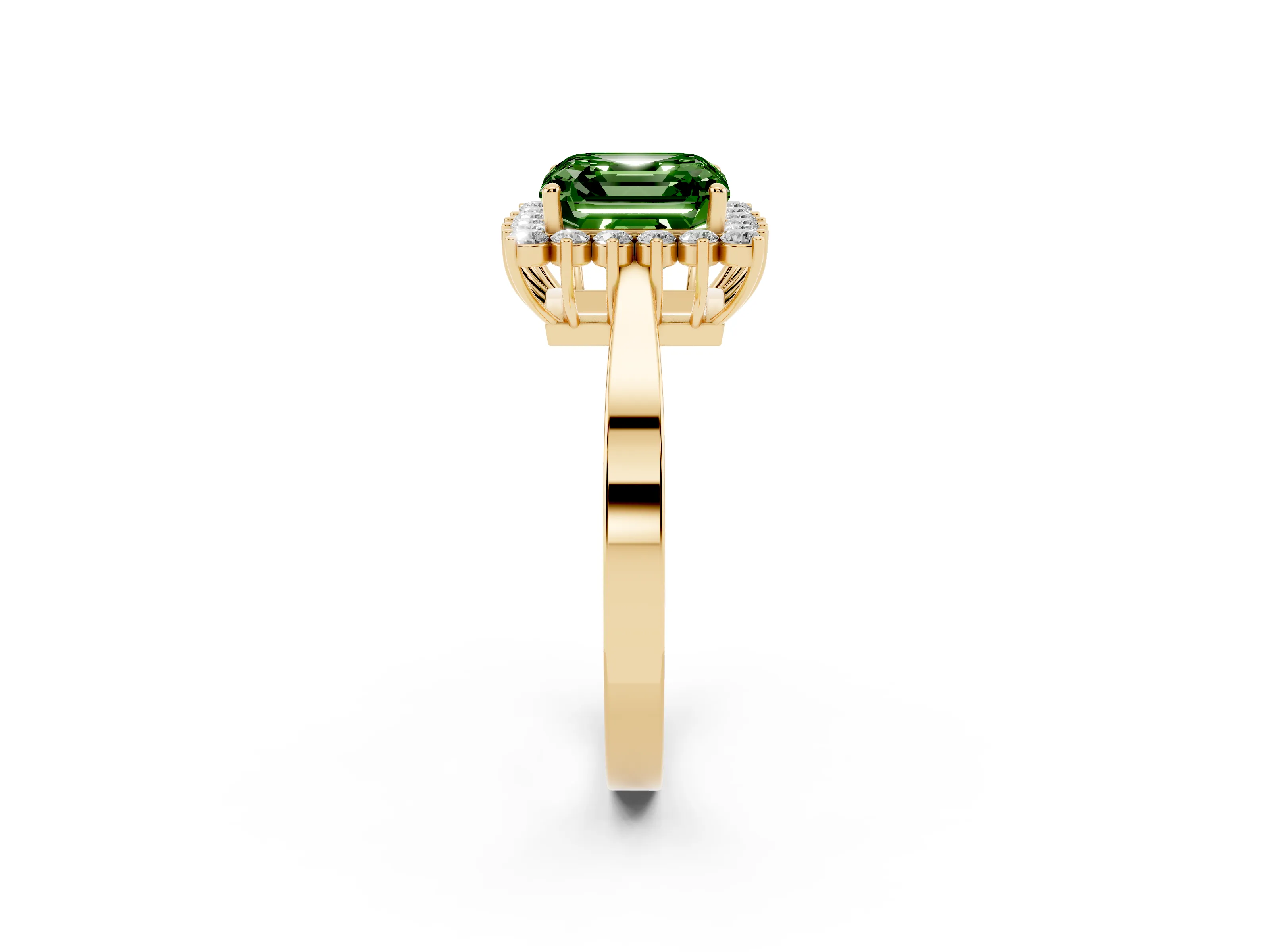 Fancy Green Asscher Cut Diamond Halo Ring Set in Yellow gold with Round Halo and Smooth Solitaire Band