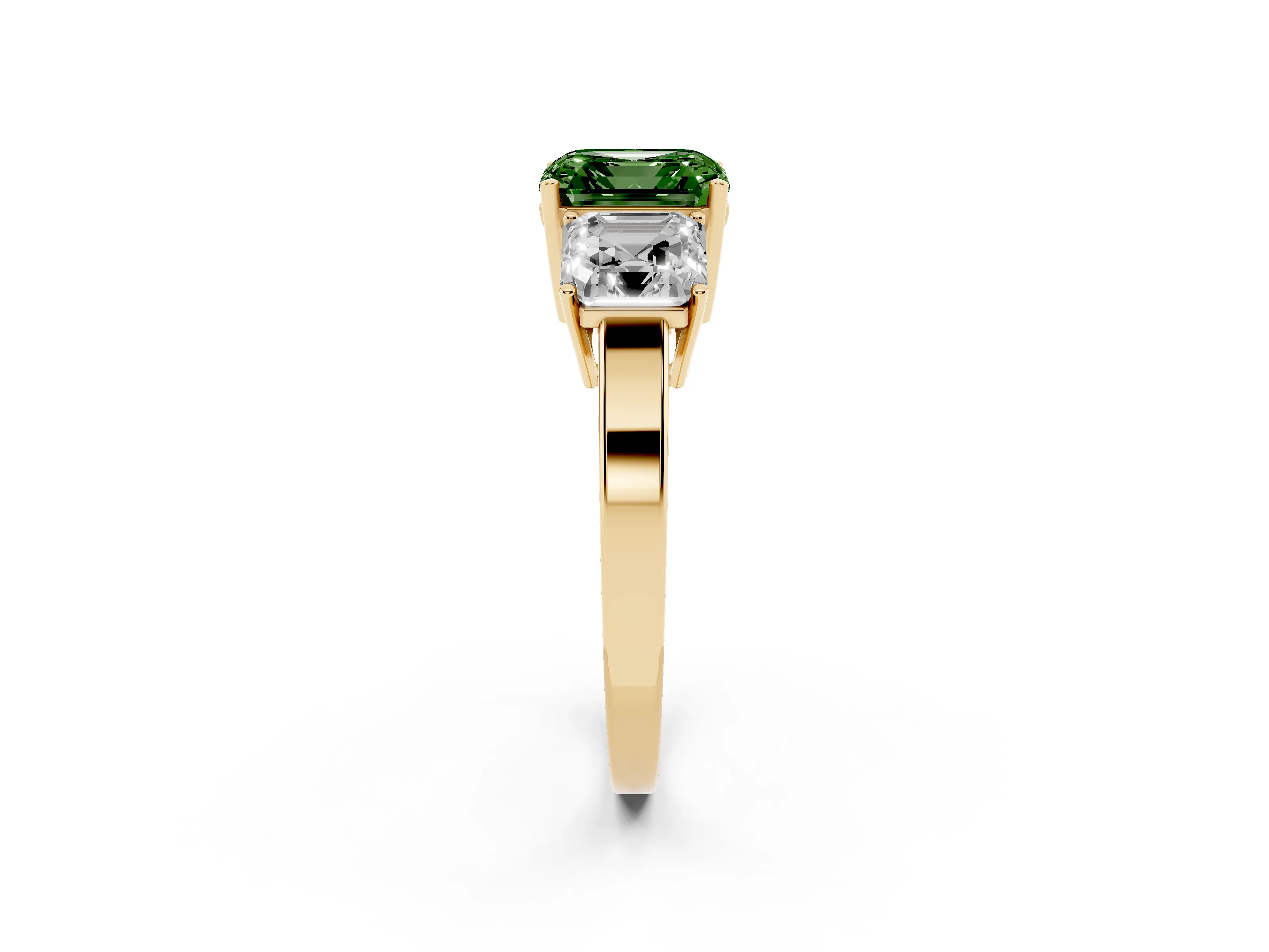 Fancy Green Asscher Cut Diamond Three-Stone Engagement Ring Set in Yellow gold with Flat Band