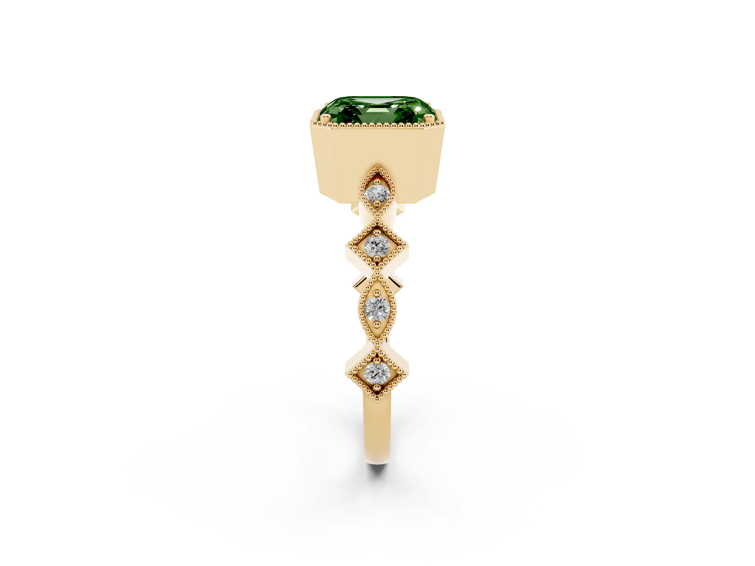 Fancy Green Asscher Cut Diamond Milgrain Marquise Twist Band Ring Set in Yellow gold with Prong Setting
