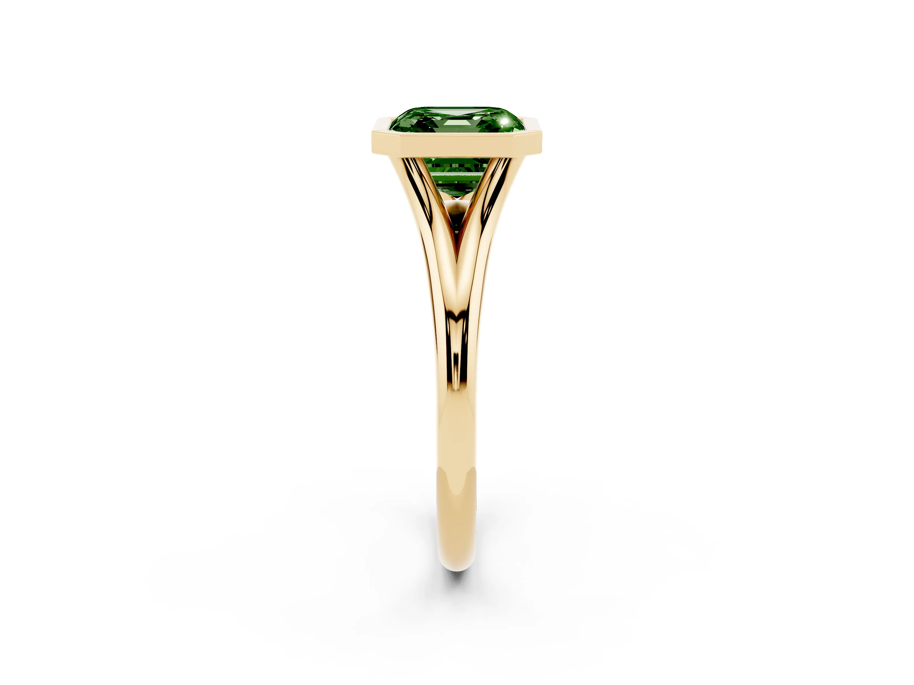 Fancy Green Bezel Set Asscher Cut Diamond Solitaire Ring Set in Yellow gold with Tapered Band