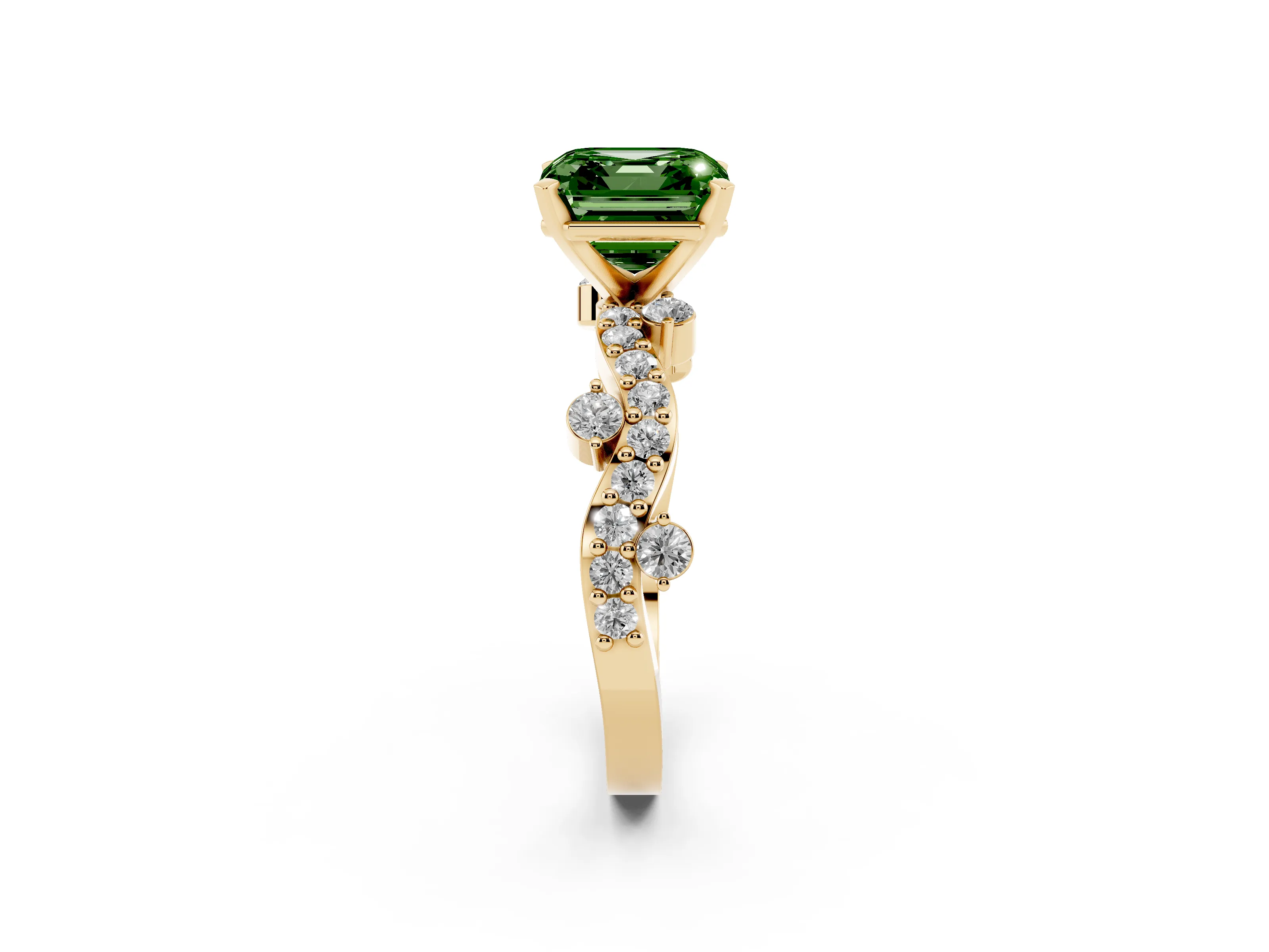 Fancy Green Asscher Cut Diamond Solitaire Twisted Band Set in Yellow gold with Pavé Setting