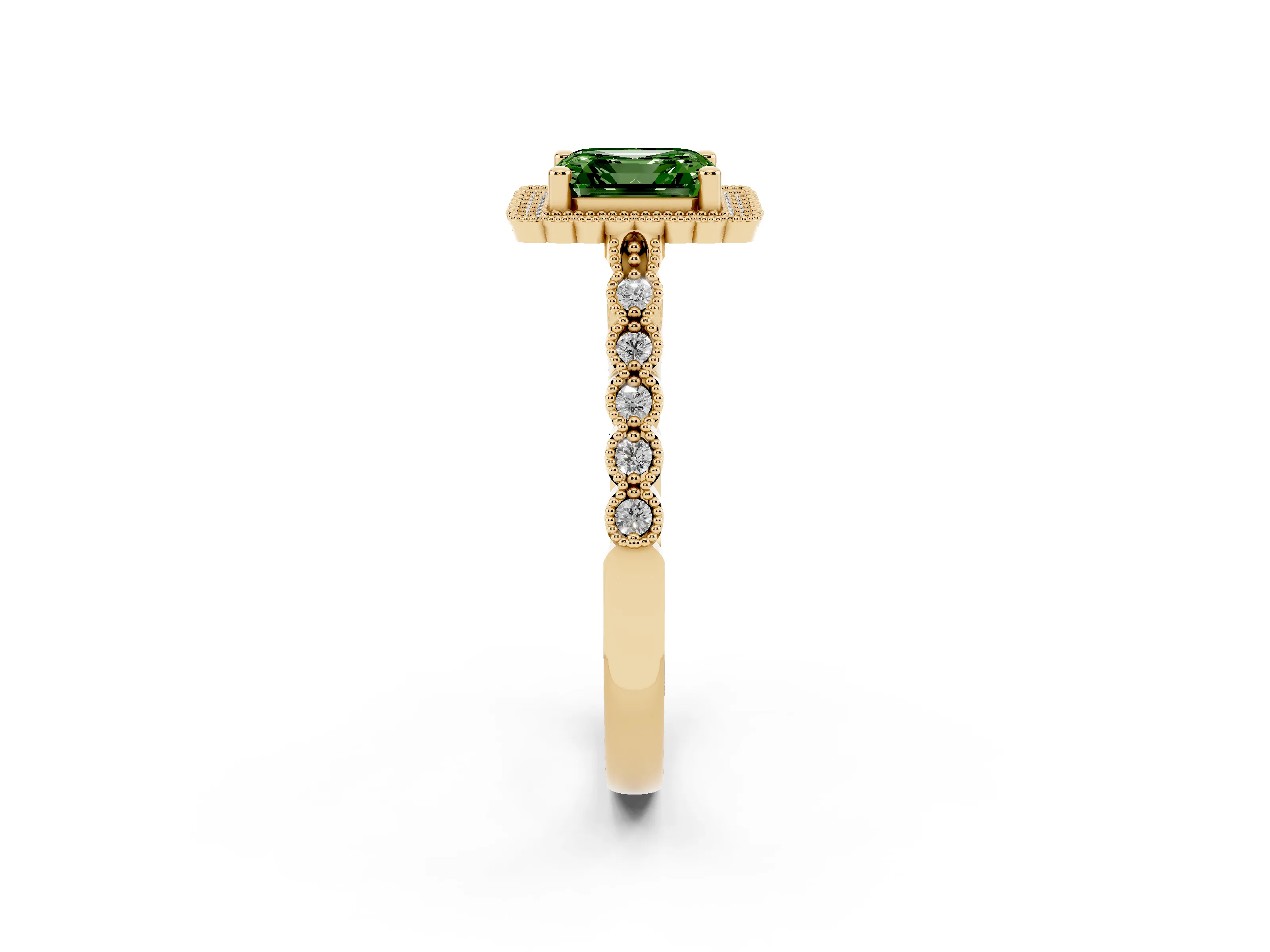 Fancy Green Asscher Cut Diamond Halo Ring Set in Yellow gold with Pavé Milgrain Band