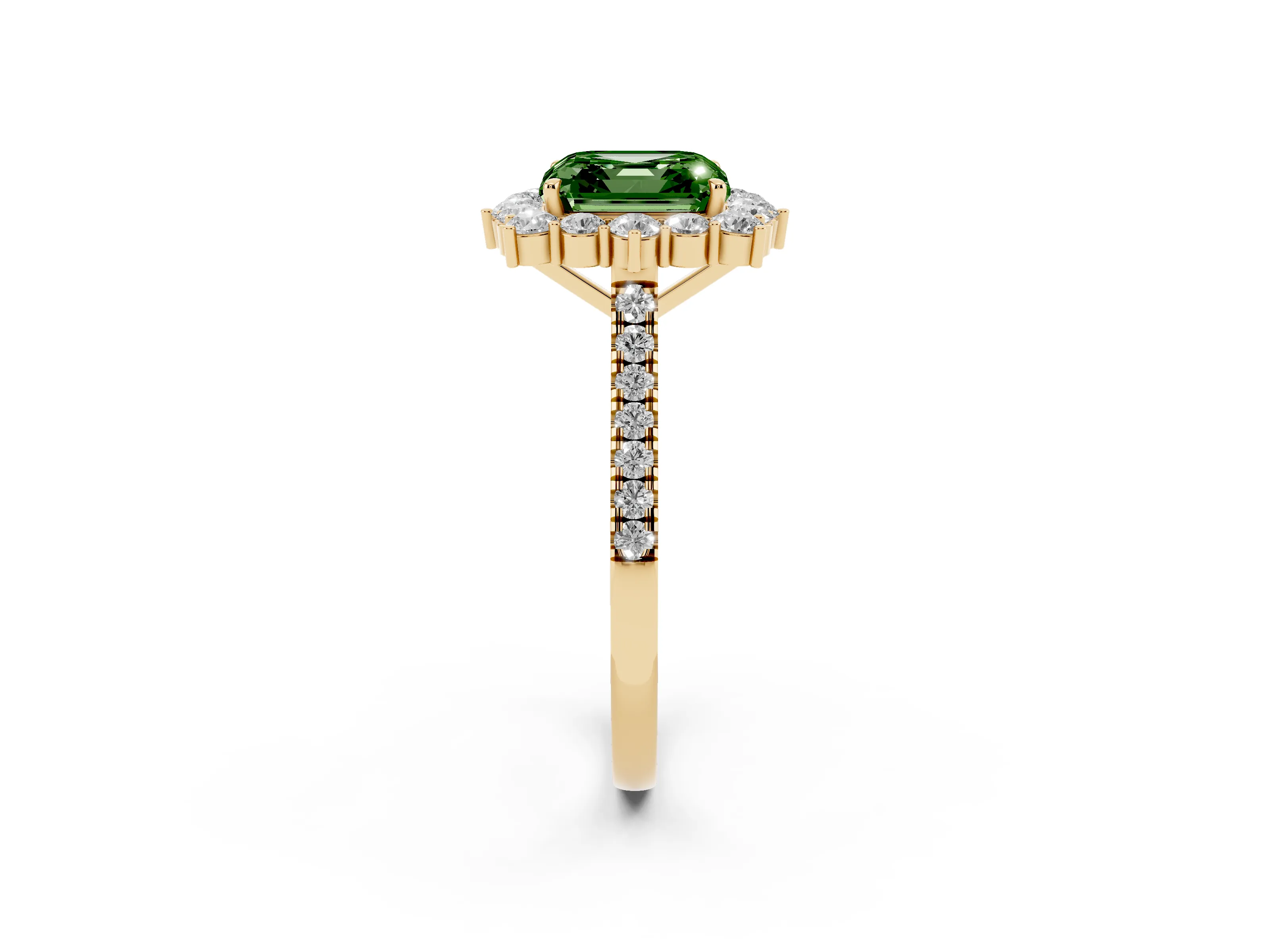 Fancy Green Asscher Cut Diamond Halo Ring Set in Yellow gold with Pavé Band and Prong Setting