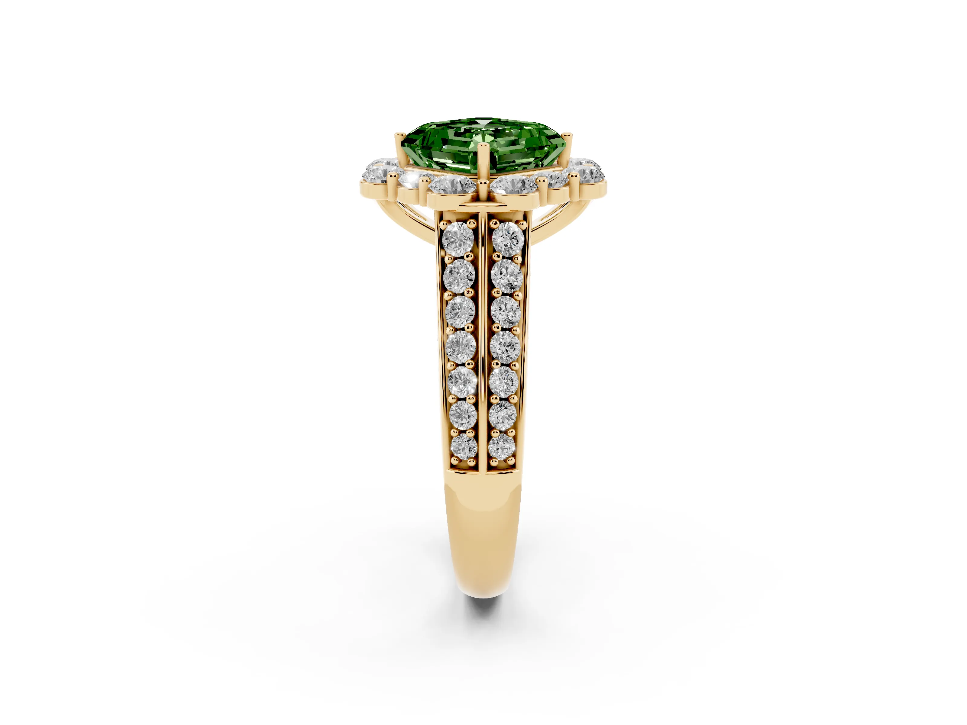 Fancy Green Asscher Cut Diamond Halo Engagement Ring Set in Yellow gold with Split Shank and Prong Setting