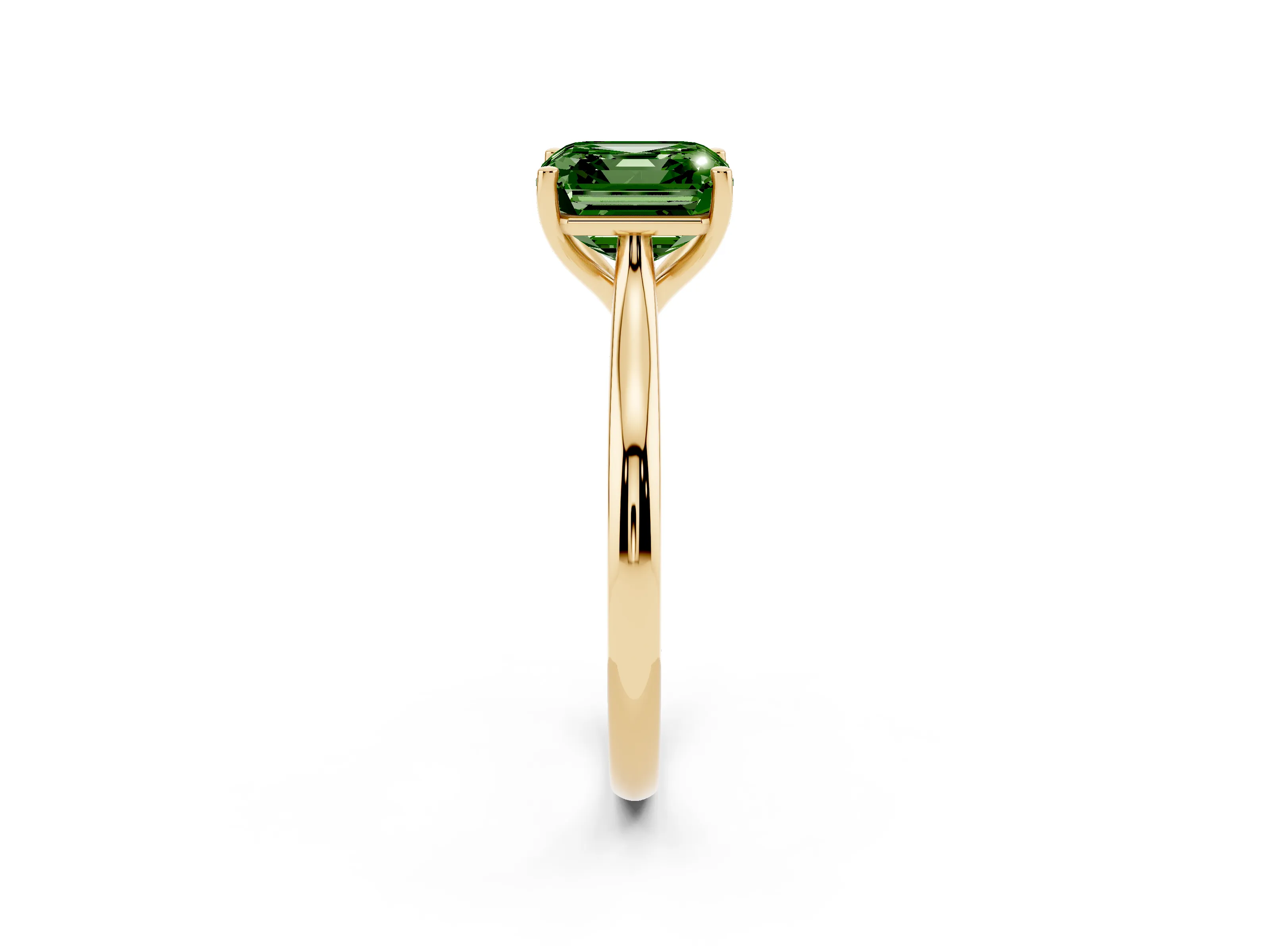 Fancy Green Asscher Cut Diamond Solitaire Ring Set in Yellow gold with Cathedral Band and Prong Setting