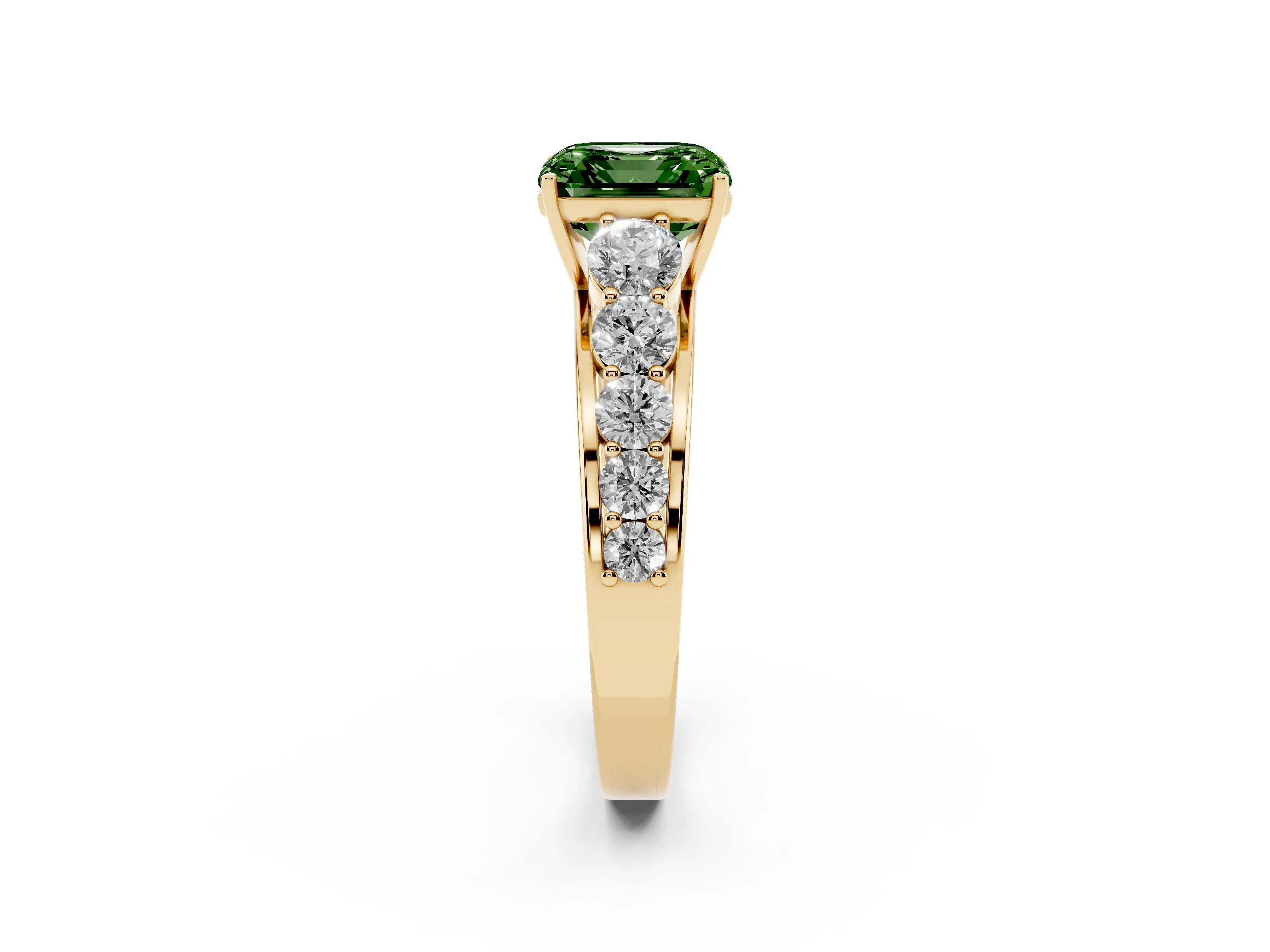 Fancy Green Asscher Cut Diamond Solitaire Ring Set in Yellow gold with Pavé-Set Band and Prong Setting