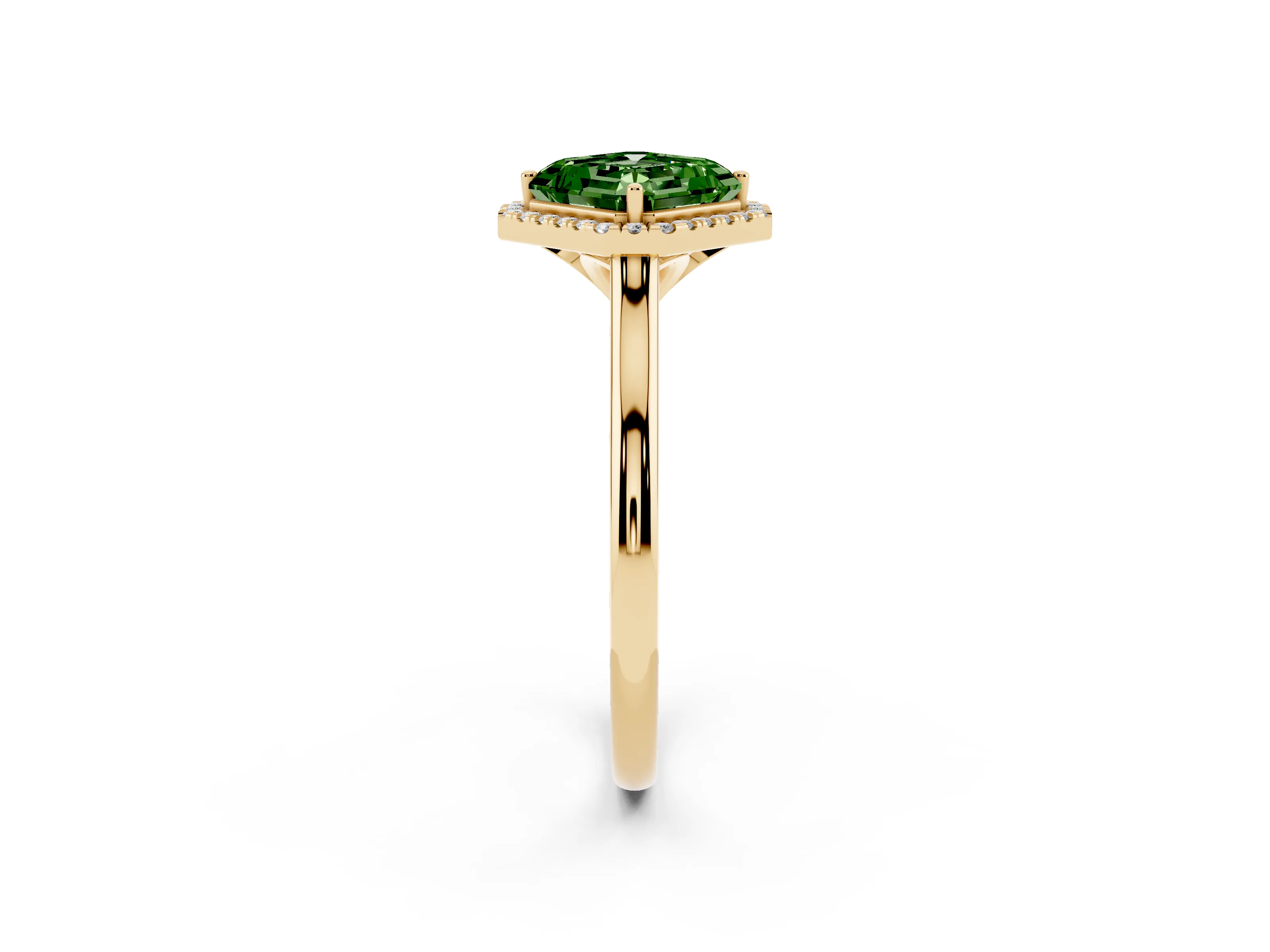 Fancy Green Asscher Cut Diamond Halo Engagement Ring Set in Yellow gold with Pavé Band and Rising Shoulders