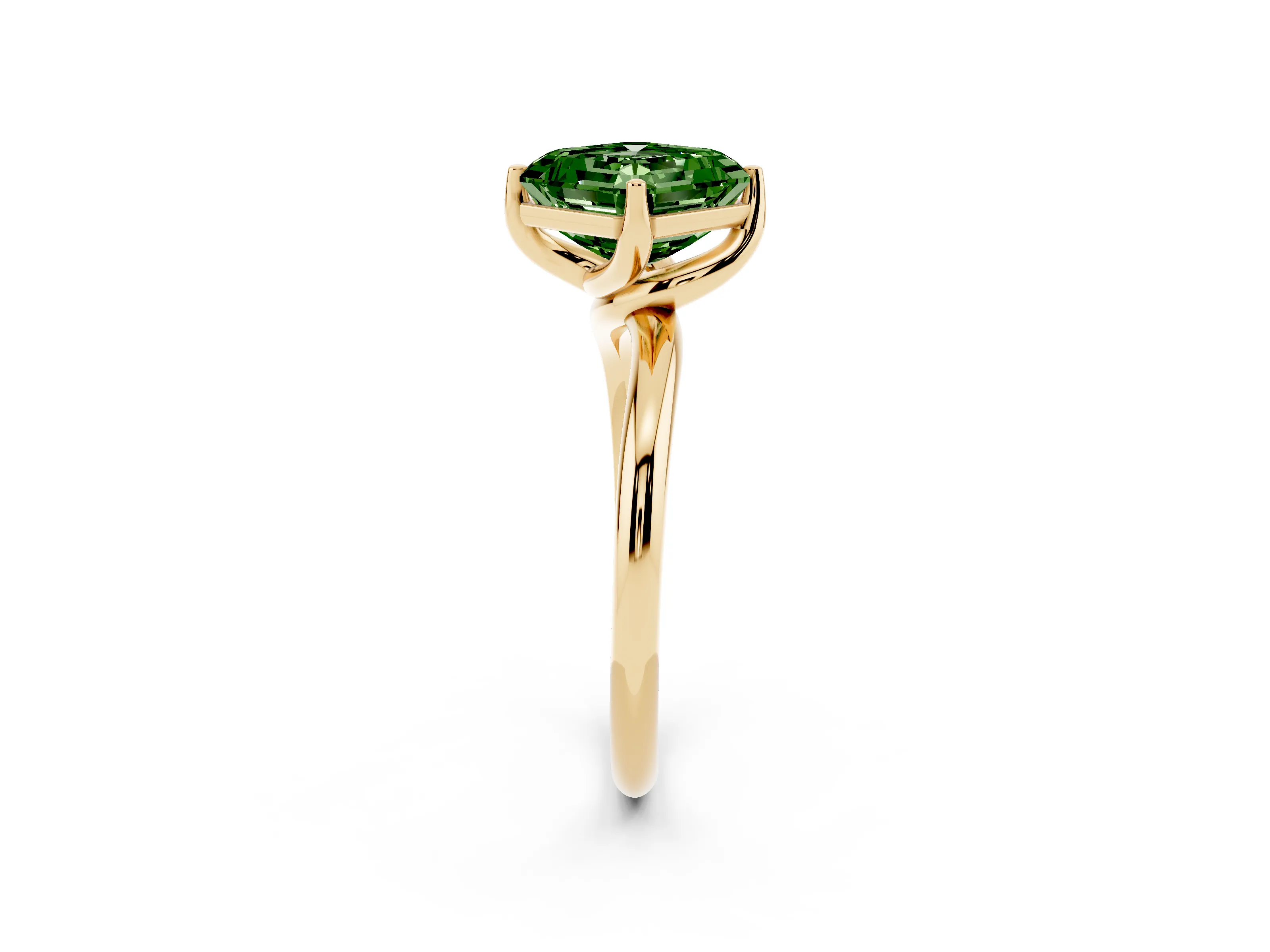 Fancy Green Asscher Cut Diamond Solitaire Engagement Ring Set in Yellow gold with Classic Plain Band