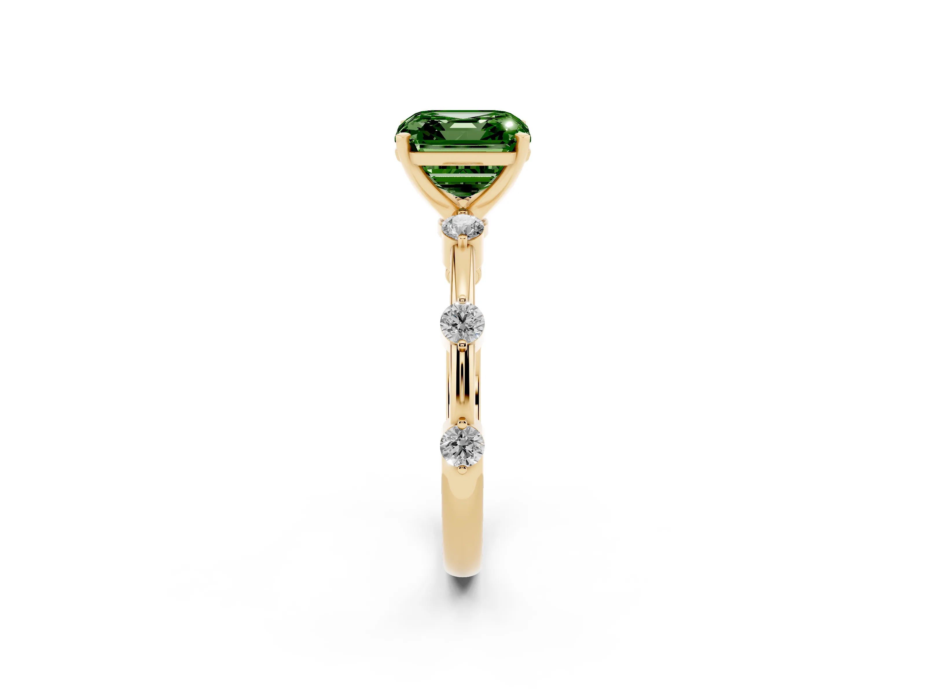 Fancy Green Asscher Cut Diamond Solitaire Ring Set in Yellow gold with Bezel Set Side Stones and Prong Setting