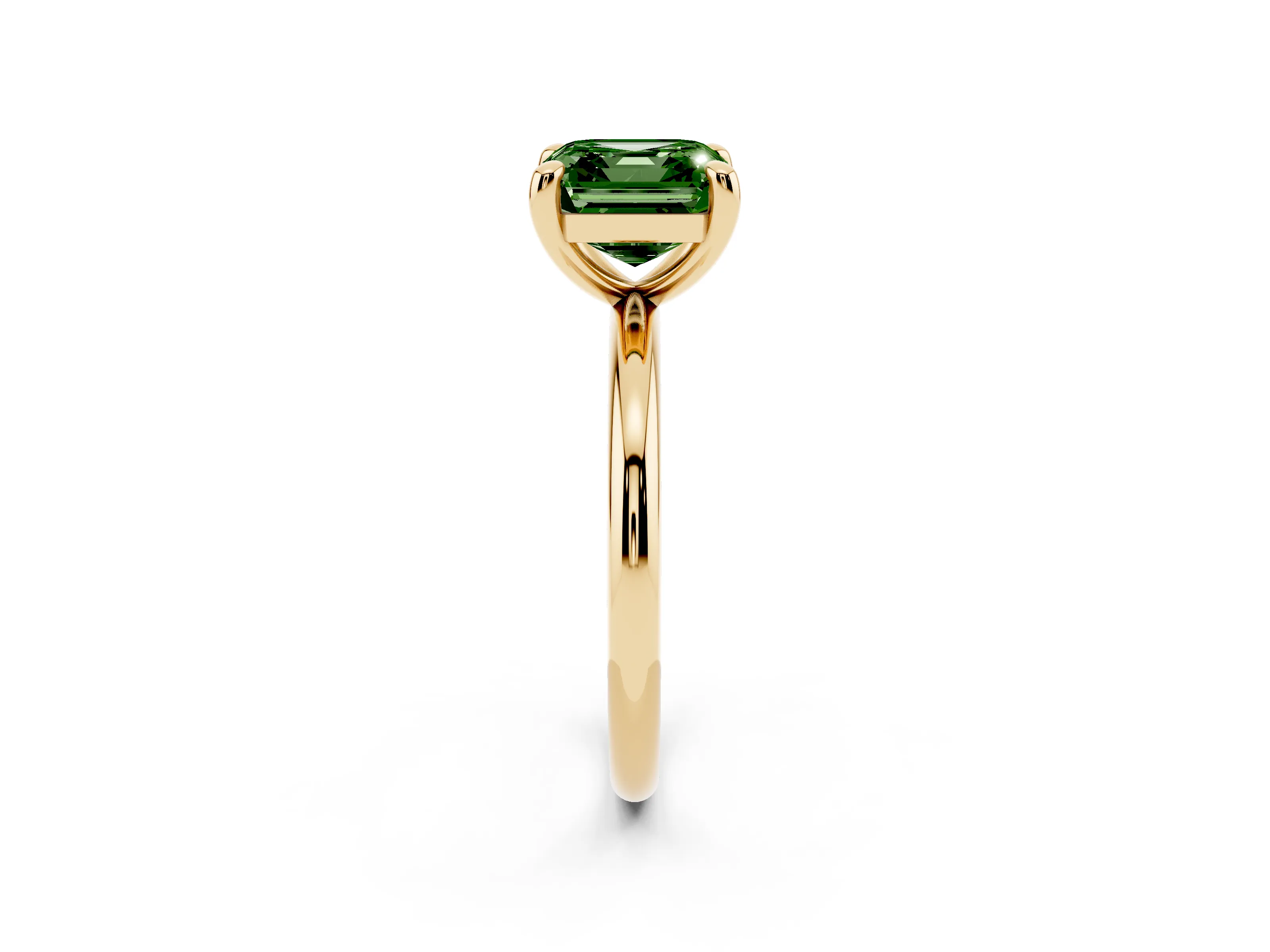 Fancy Green Asscher Cut Diamond Solitaire Ring Set in Yellow gold with Prong Setting on a Polished Plain Band