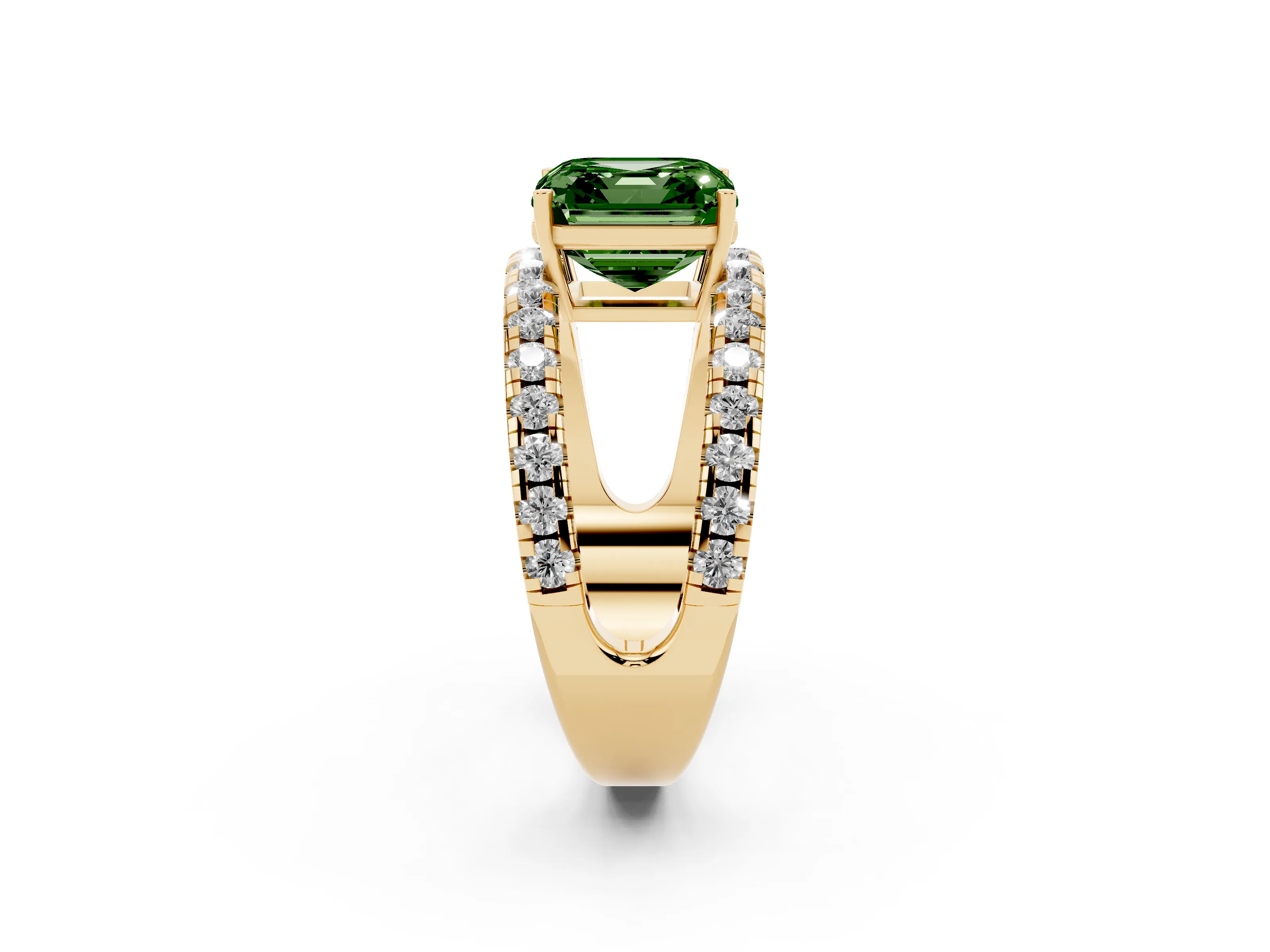 Fancy Green Asscher Cut Diamond Split Shank Pavé Solitaire Ring Set in Yellow gold with Open Shank Design