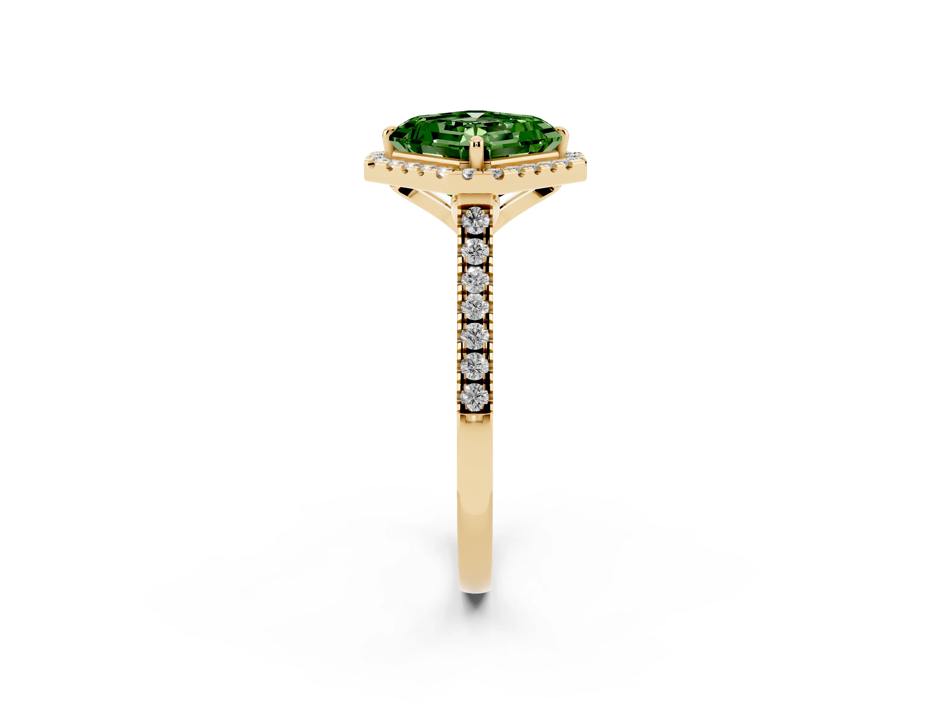 Fancy Green Asscher Cut Diamond Cushion Halo Ring Set in Yellow gold with Pavé Band