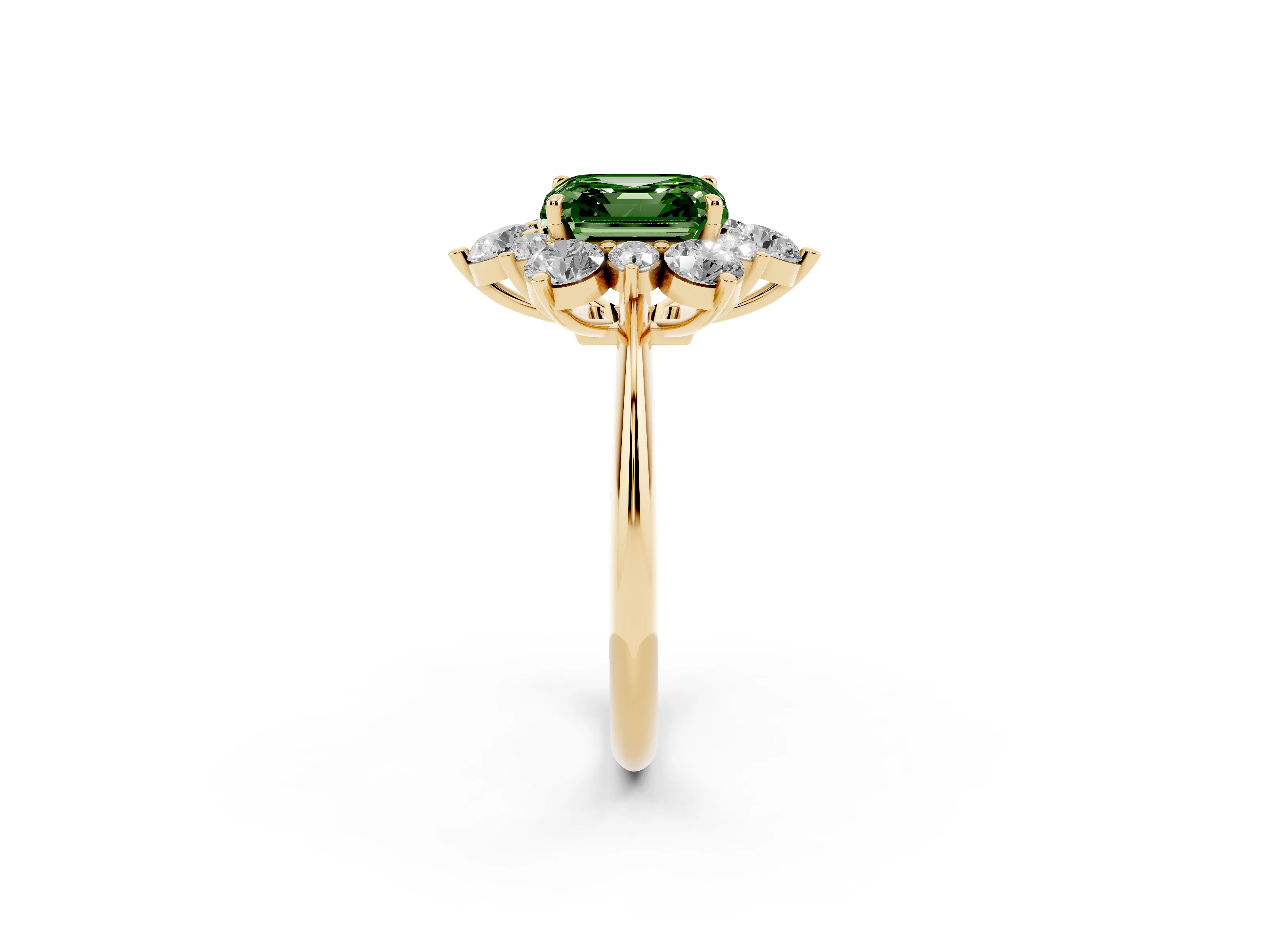 Fancy Green Asscher Cut Diamond Cluster Halo Ring Set in Yellow gold with Solitaire Band and Prong Setting