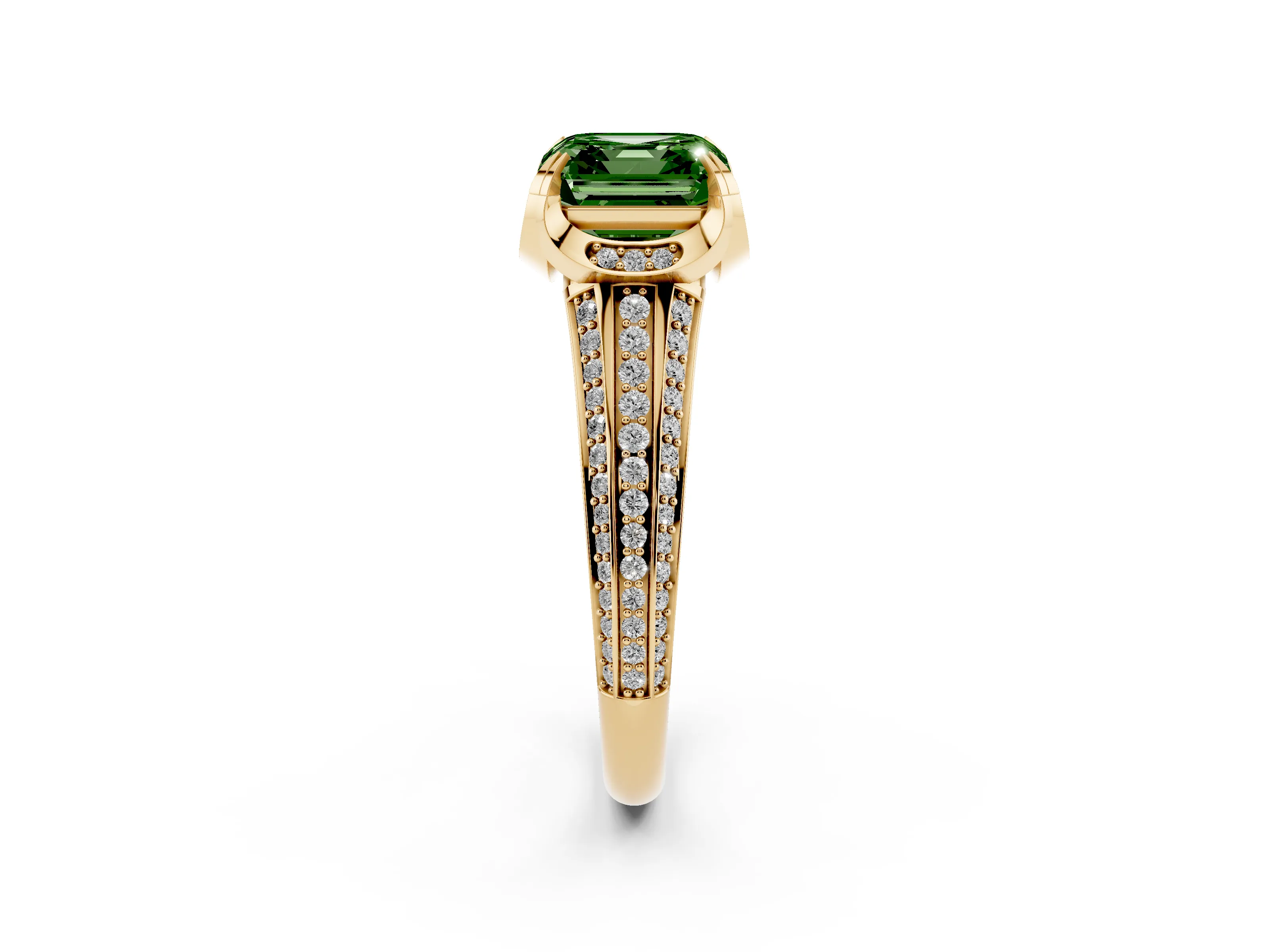 Fancy Green Asscher Cut Diamond Pavé Split Shank Solitaire Ring Set in Yellow gold with Prong Setting