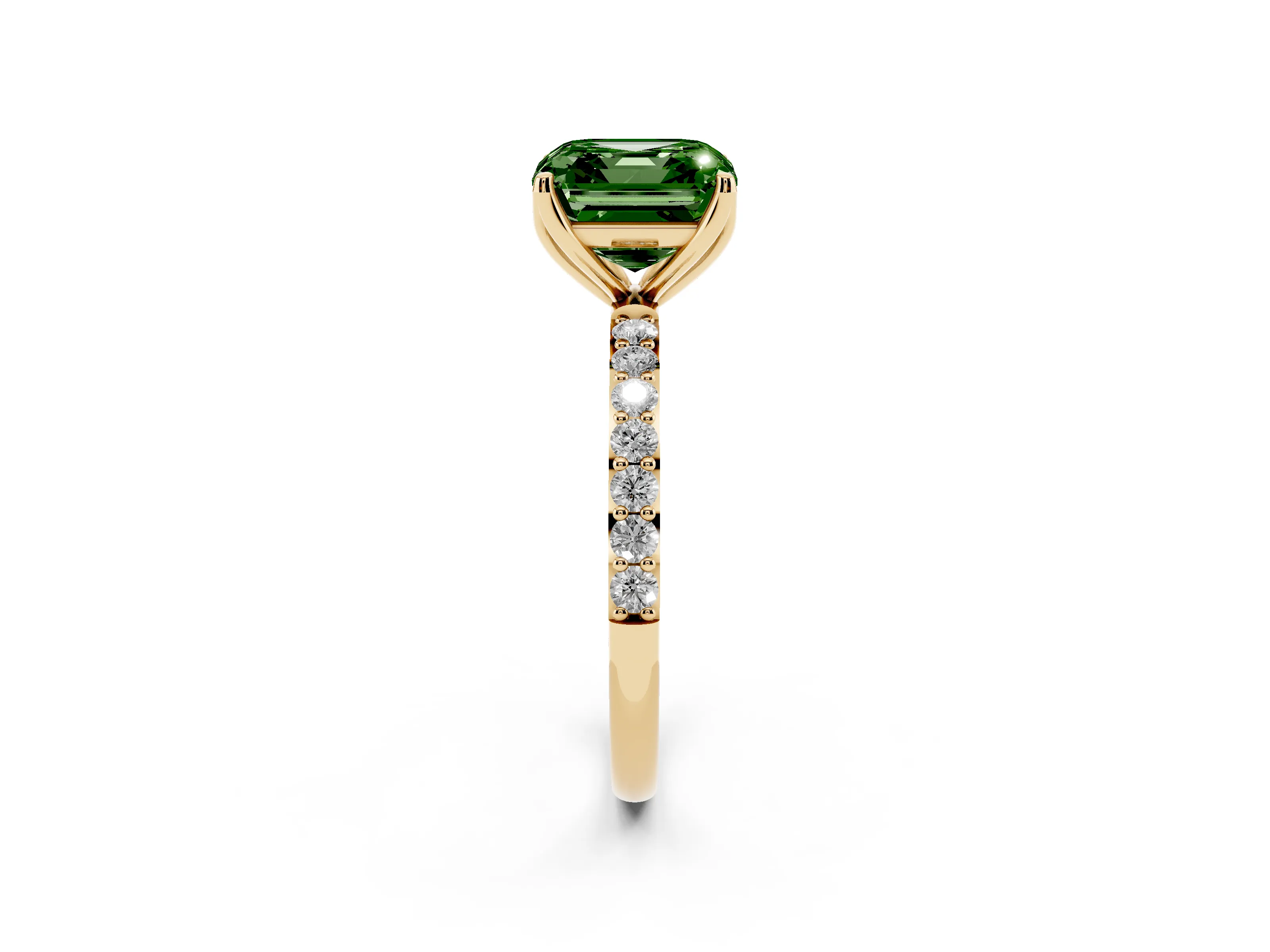 Fancy Green Asscher Cut Diamond Solitaire Engagement Ring Set in Yellow gold with Round Pavé Band and Prong Setting
