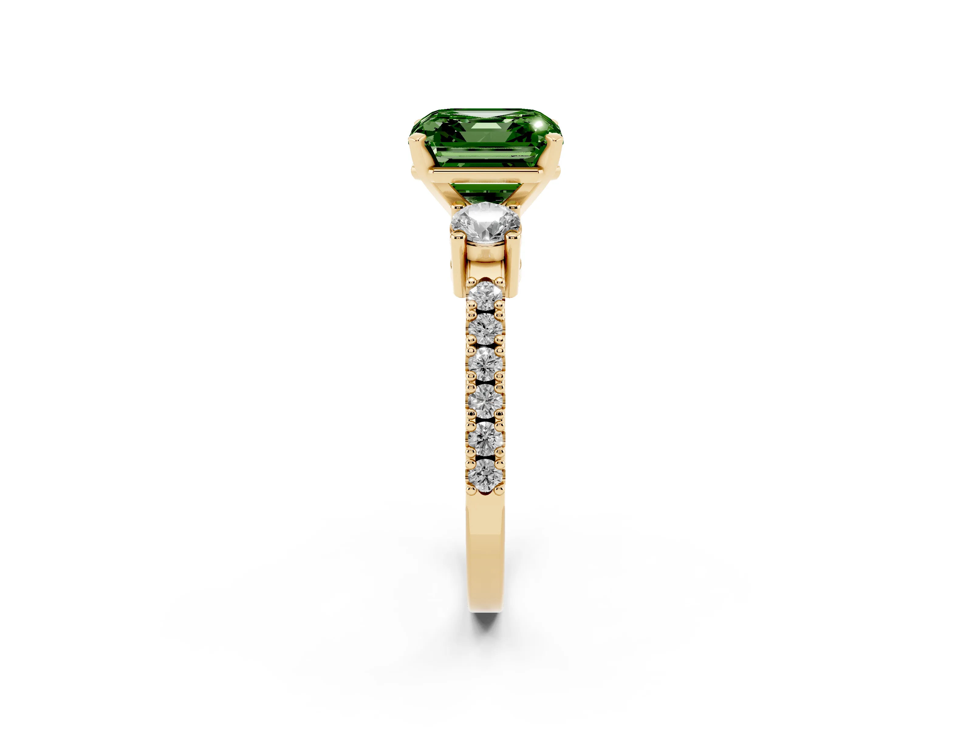 Fancy Green Three-Stone Asscher Cut Diamond Pavé Band Ring Set in Yellow gold with Prong Setting