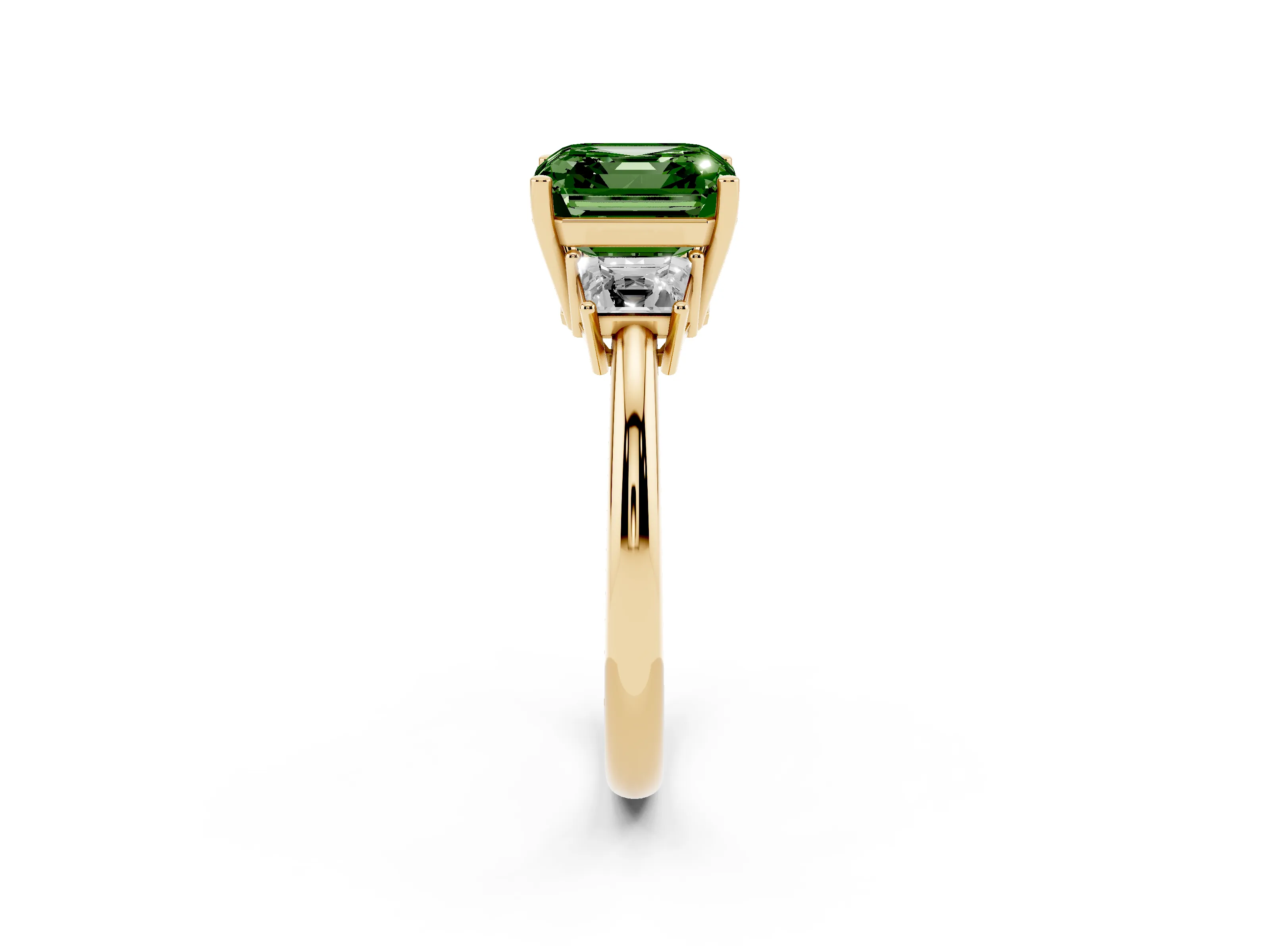 Fancy Green Asscher Cut Diamond Three-Stone Ring Set in Yellow gold with Trapezoid Side Stones and Prong Setting
